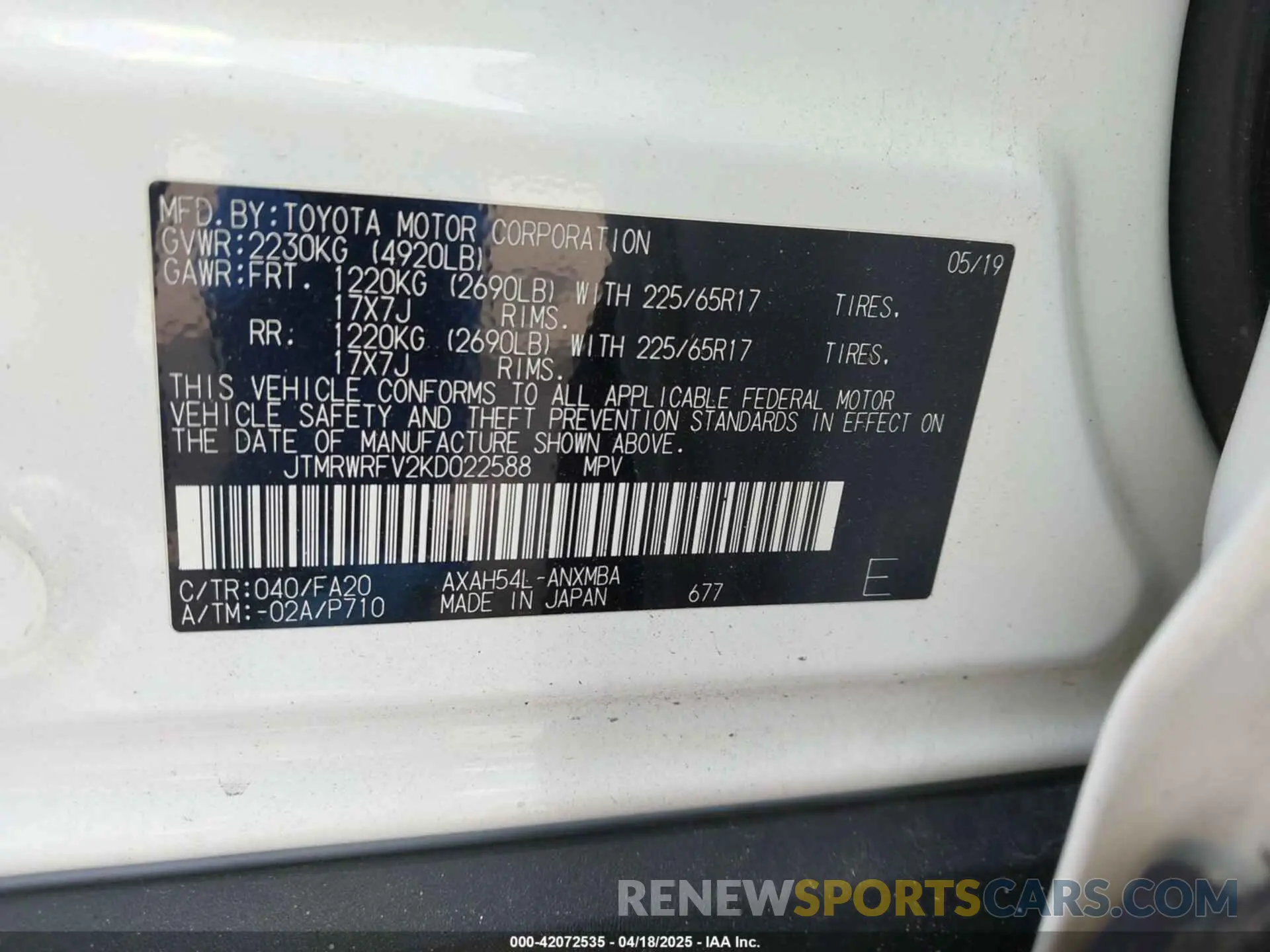 9 Photograph of a damaged car JTMRWRFV2KD022588 TOYOTA RAV4 HYBRID 2019
