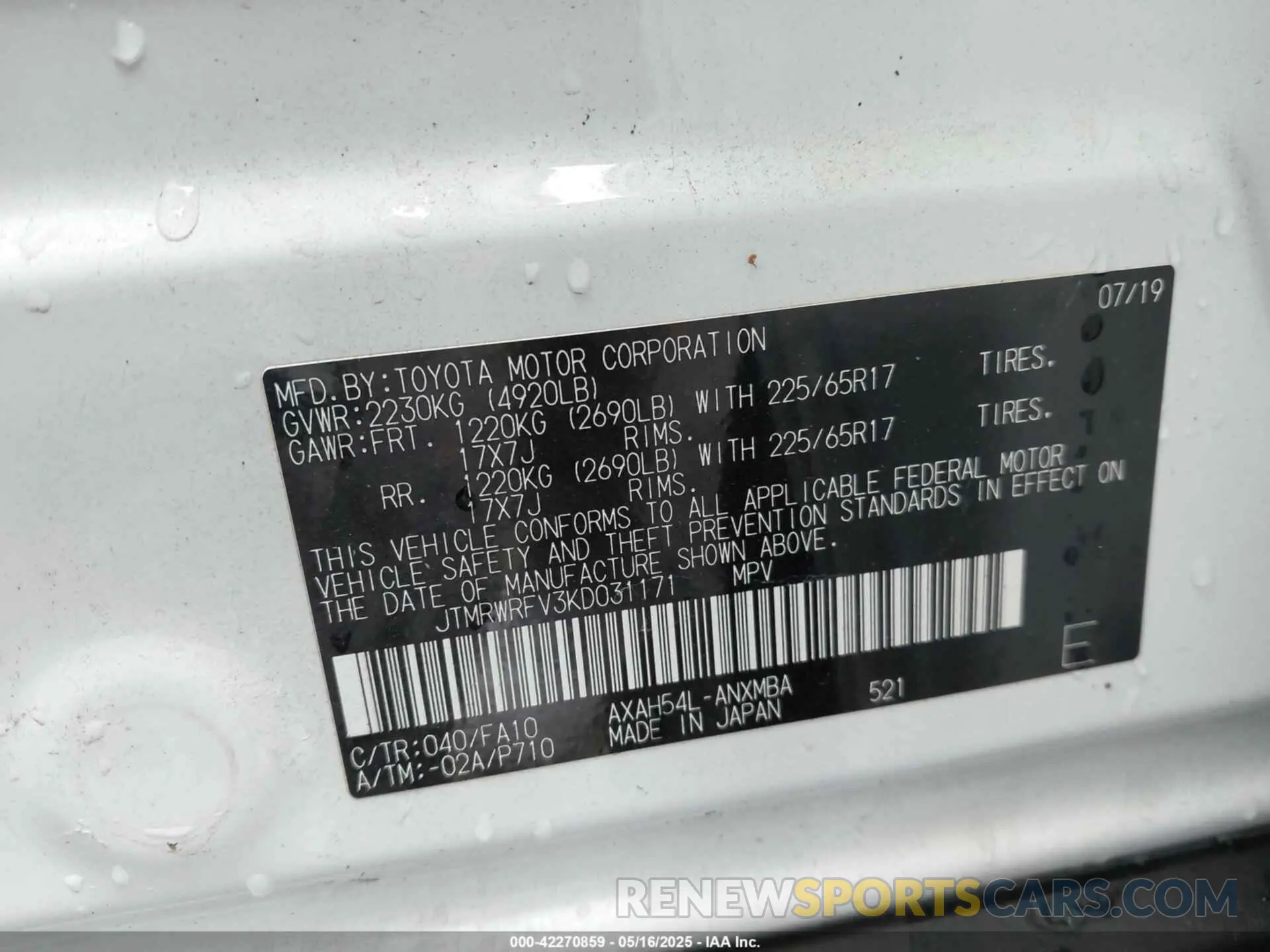 9 Photograph of a damaged car JTMRWRFV3KD031171 TOYOTA RAV4 HYBRID 2019