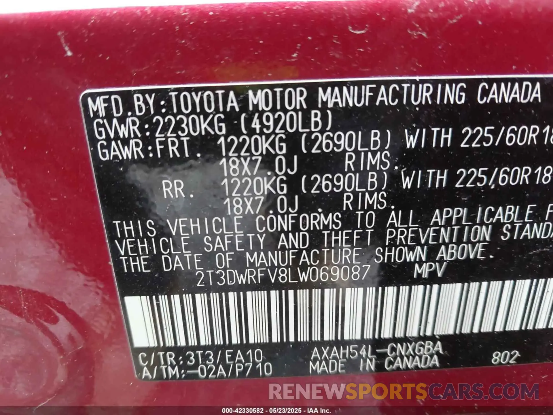 9 Photograph of a damaged car 2T3DWRFV8LW069087 TOYOTA RAV4 HYBRID 2020