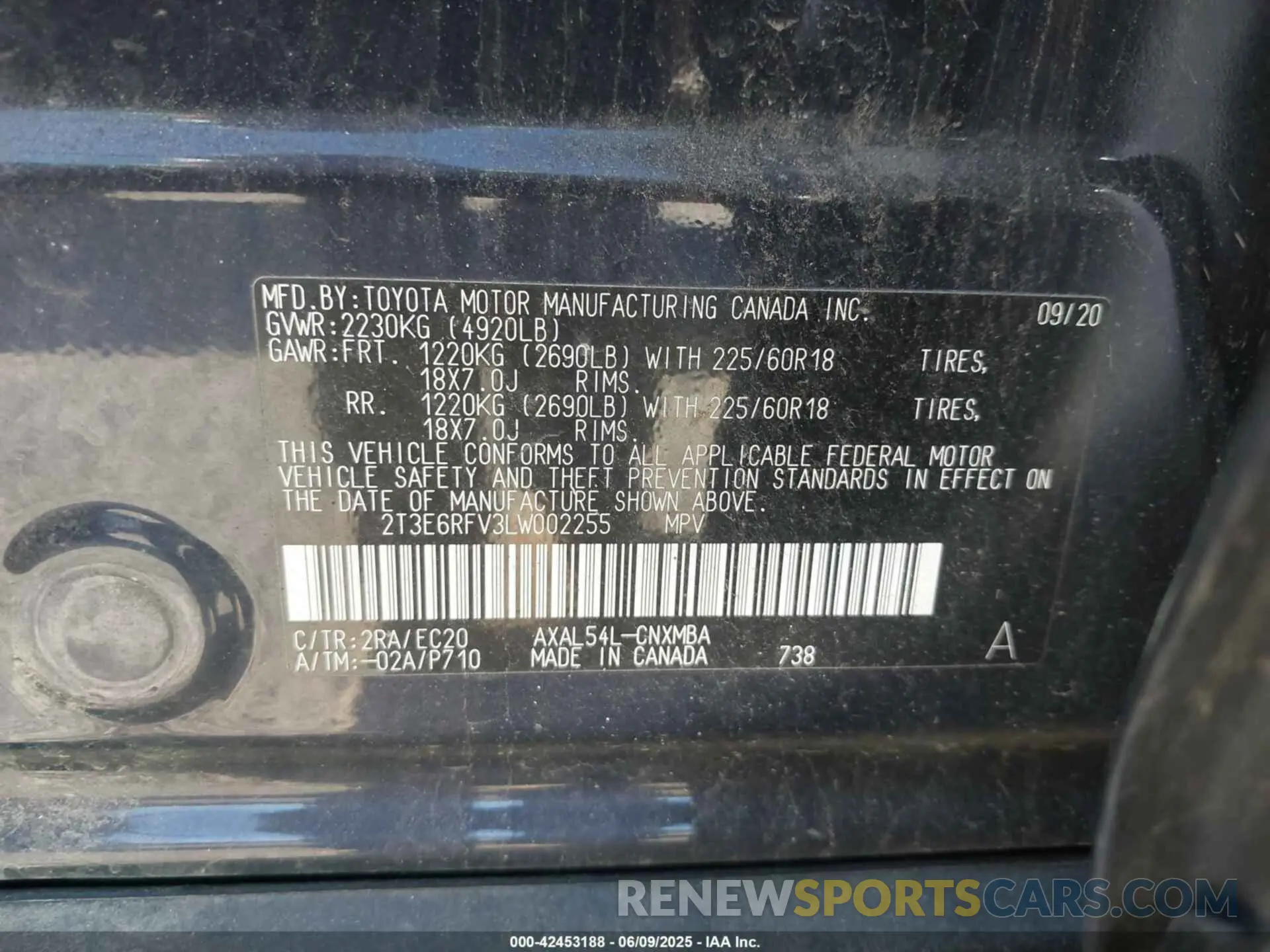 9 Photograph of a damaged car 2T3E6RFV3LW002255 TOYOTA RAV4 HYBRID 2020