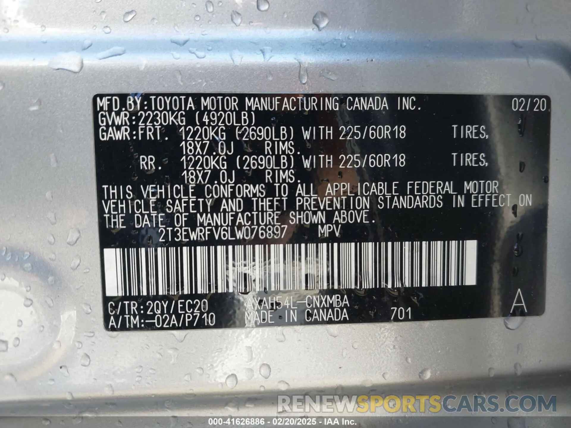9 Photograph of a damaged car 2T3EWRFV6LW076897 TOYOTA RAV4 HYBRID 2020