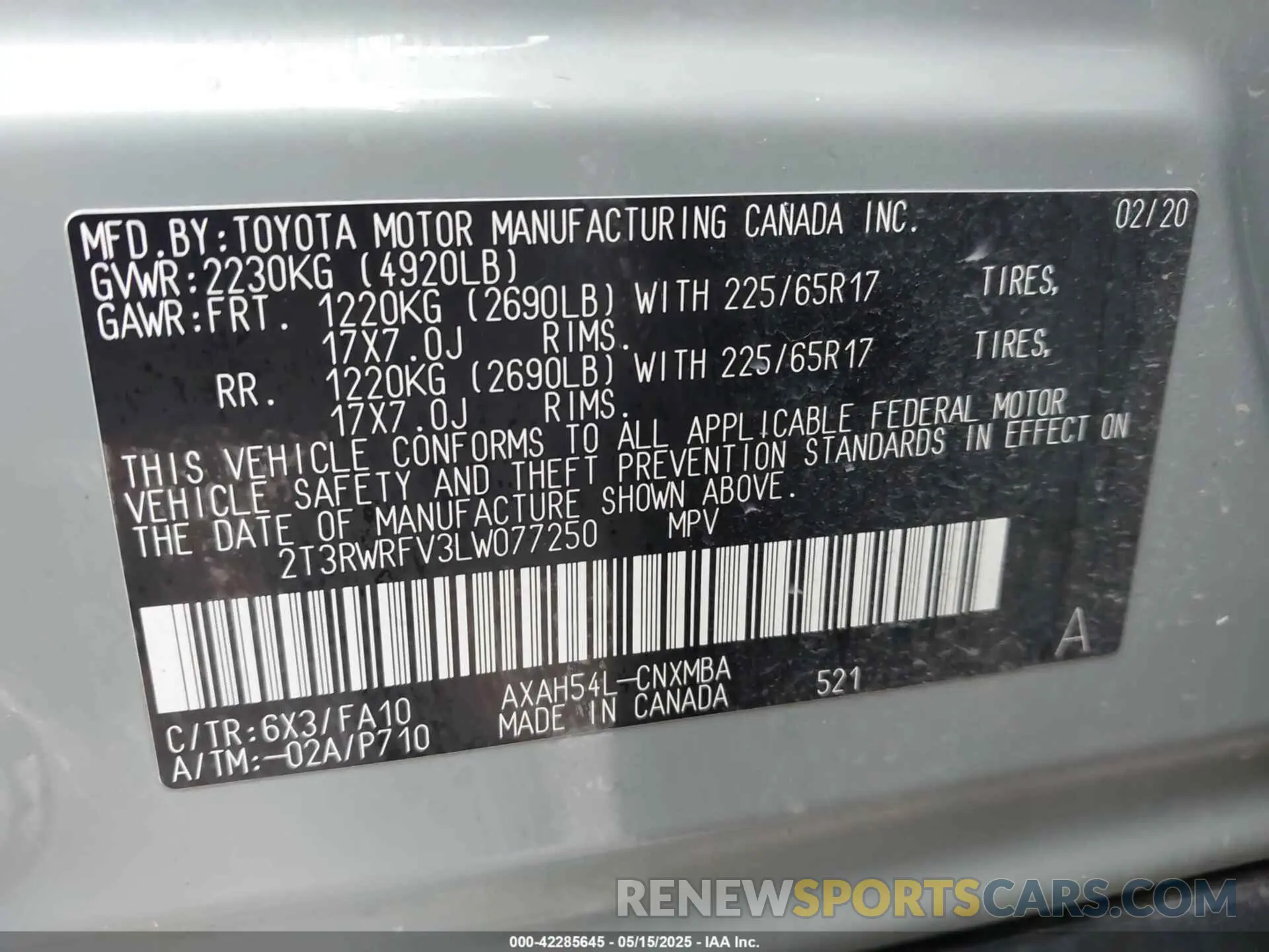 9 Photograph of a damaged car 2T3RWRFV3LW077250 TOYOTA RAV4 HYBRID 2020