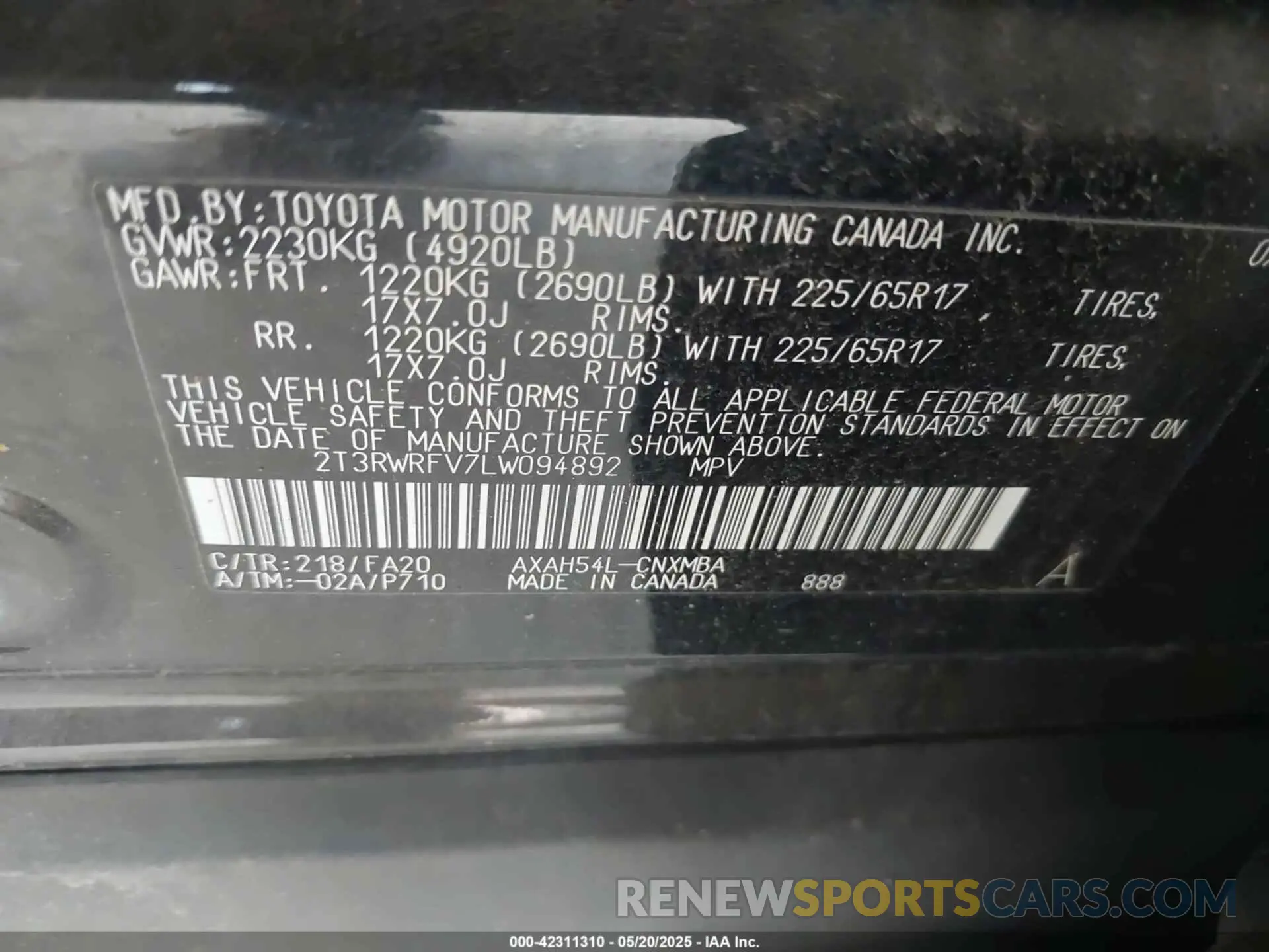 9 Photograph of a damaged car 2T3RWRFV7LW094892 TOYOTA RAV4 HYBRID 2020
