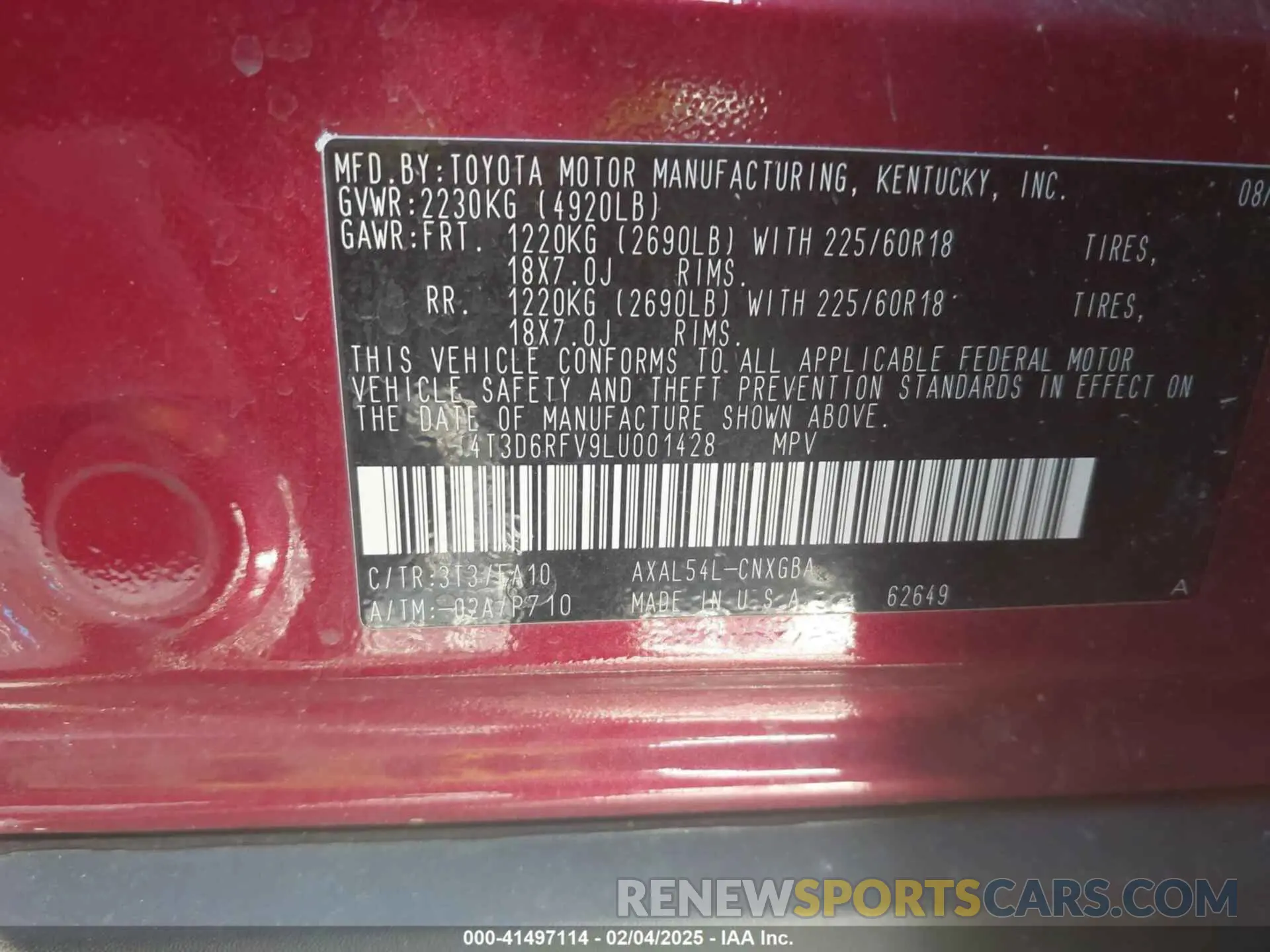 9 Photograph of a damaged car 4T3D6RFV9LU001428 TOYOTA RAV4 HYBRID 2020