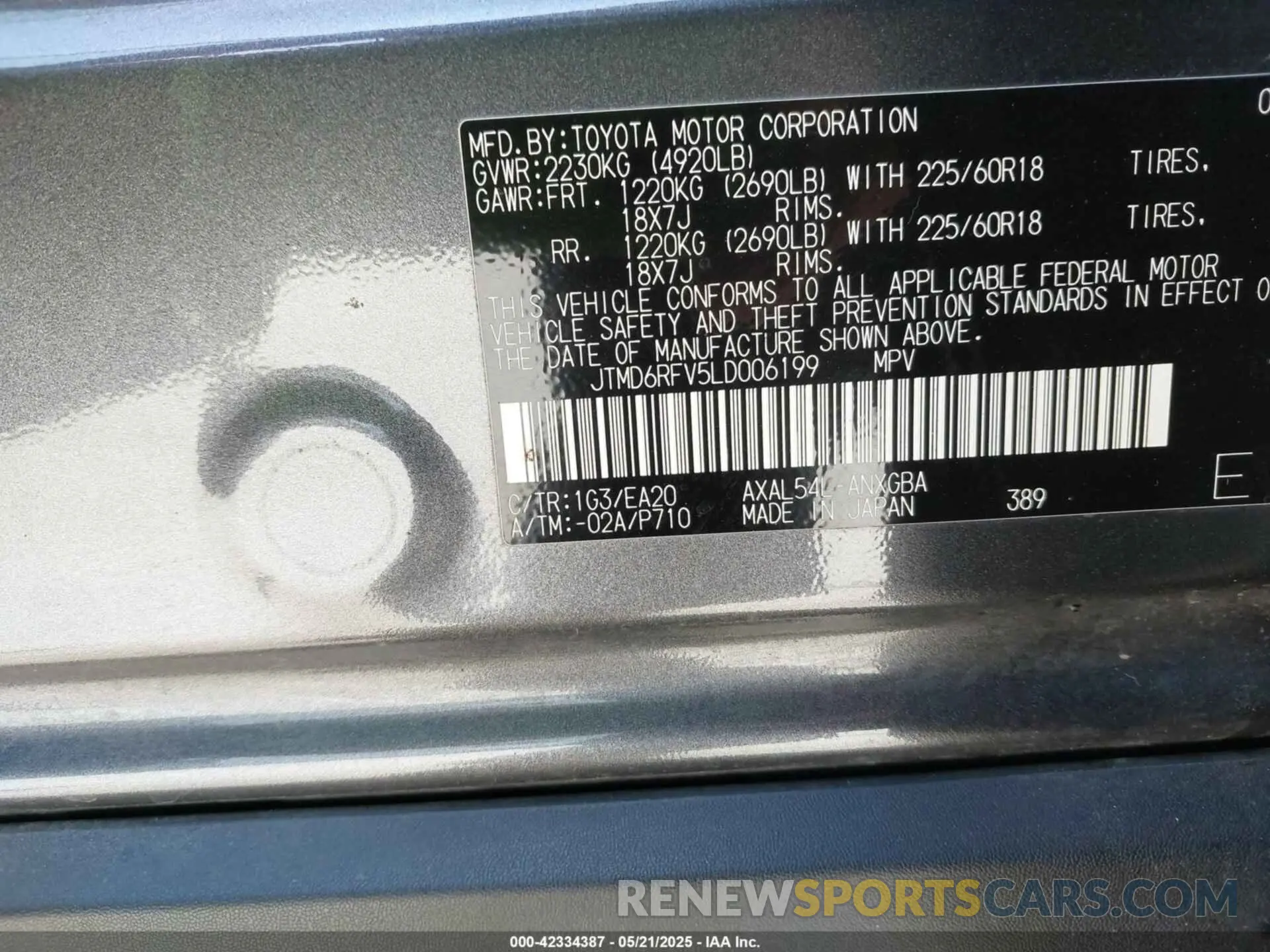 9 Photograph of a damaged car JTMD6RFV5LD006199 TOYOTA RAV4 HYBRID 2020