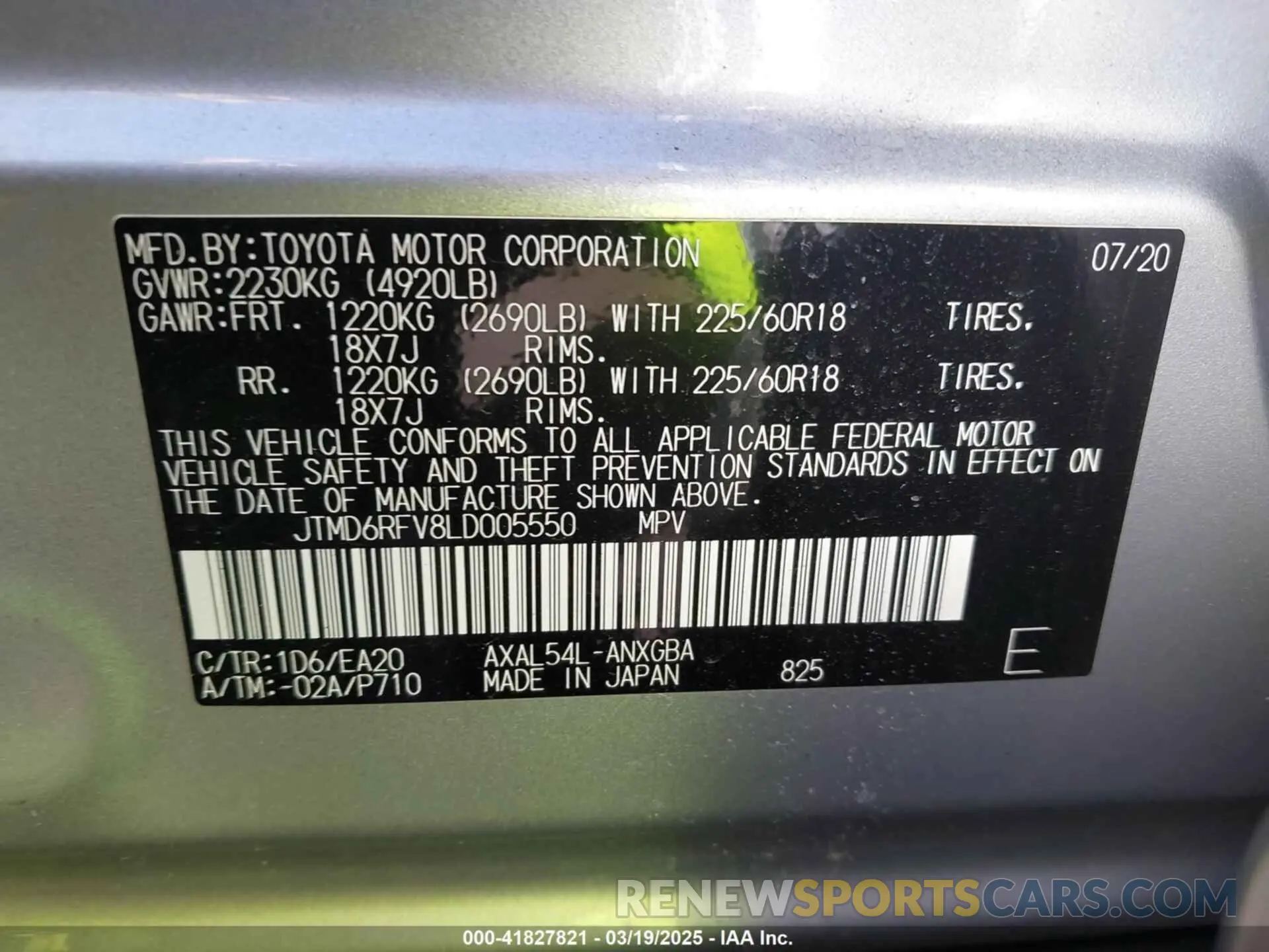 9 Photograph of a damaged car JTMD6RFV8LD005550 TOYOTA RAV4 HYBRID 2020