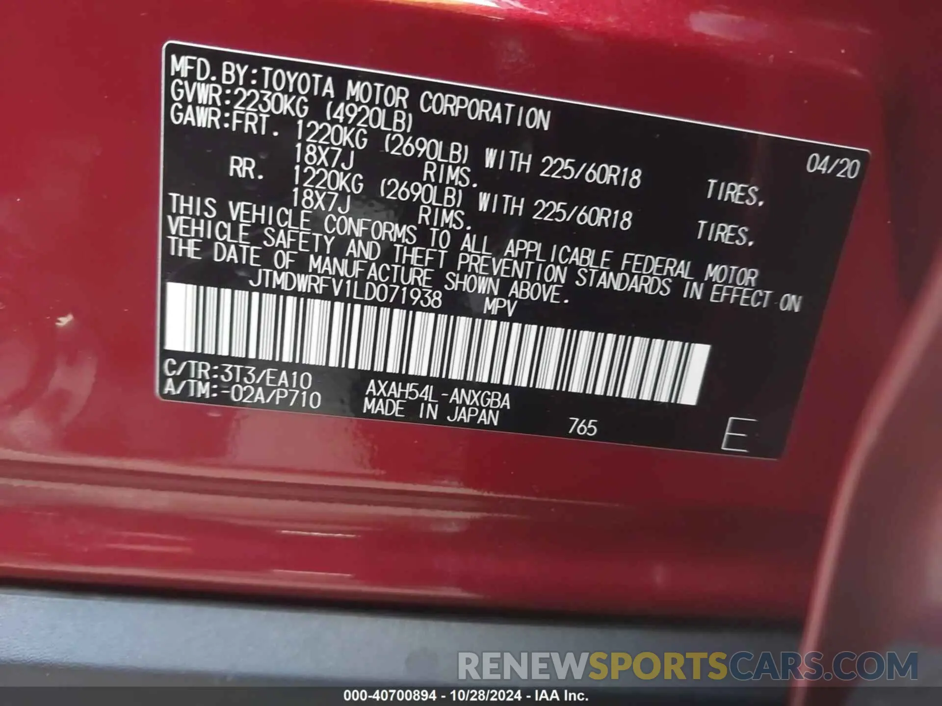 9 Photograph of a damaged car JTMDWRFV1LD071938 TOYOTA RAV4 HYBRID 2020