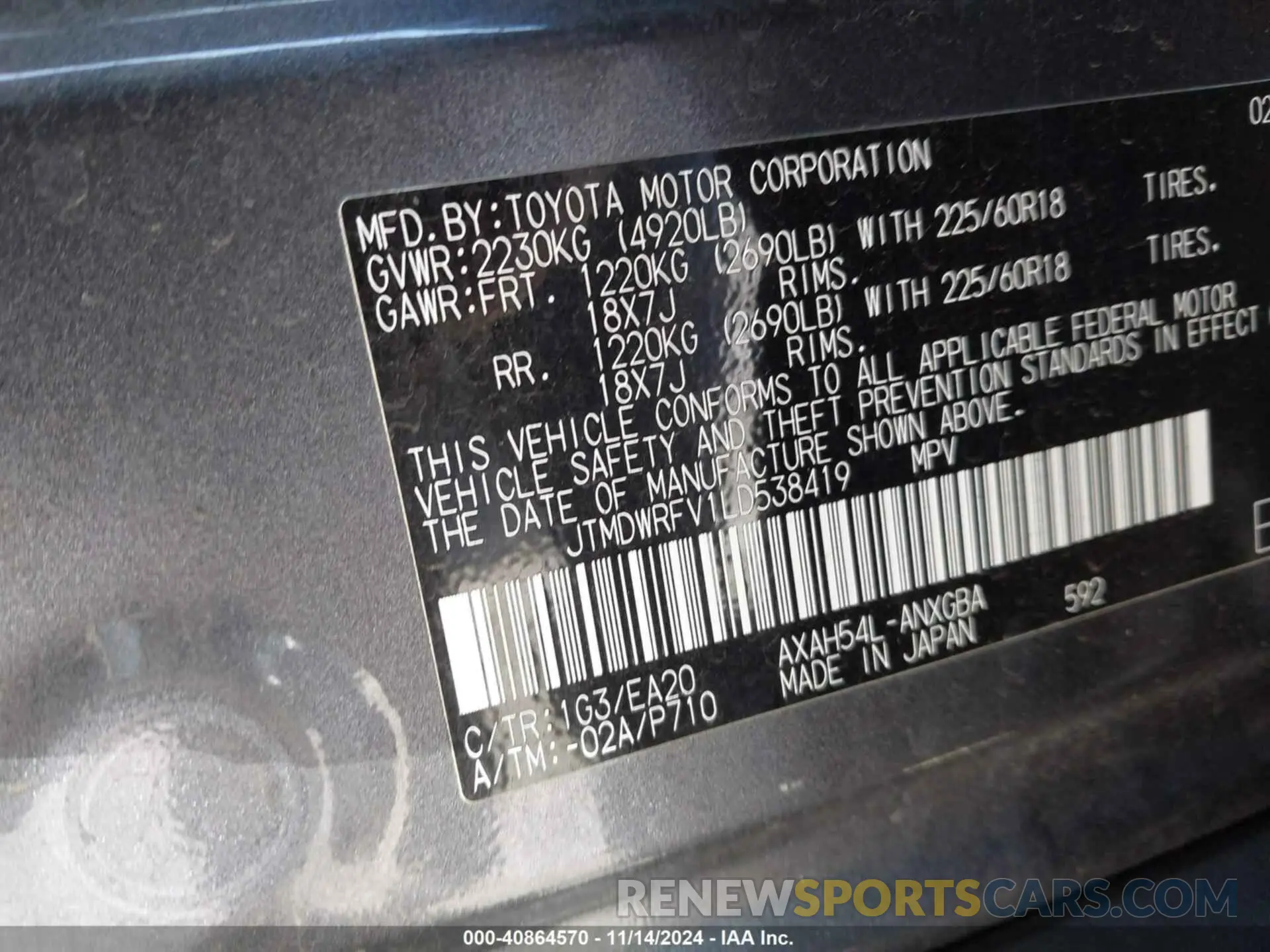 9 Photograph of a damaged car JTMDWRFV1LD538419 TOYOTA RAV4 HYBRID 2020
