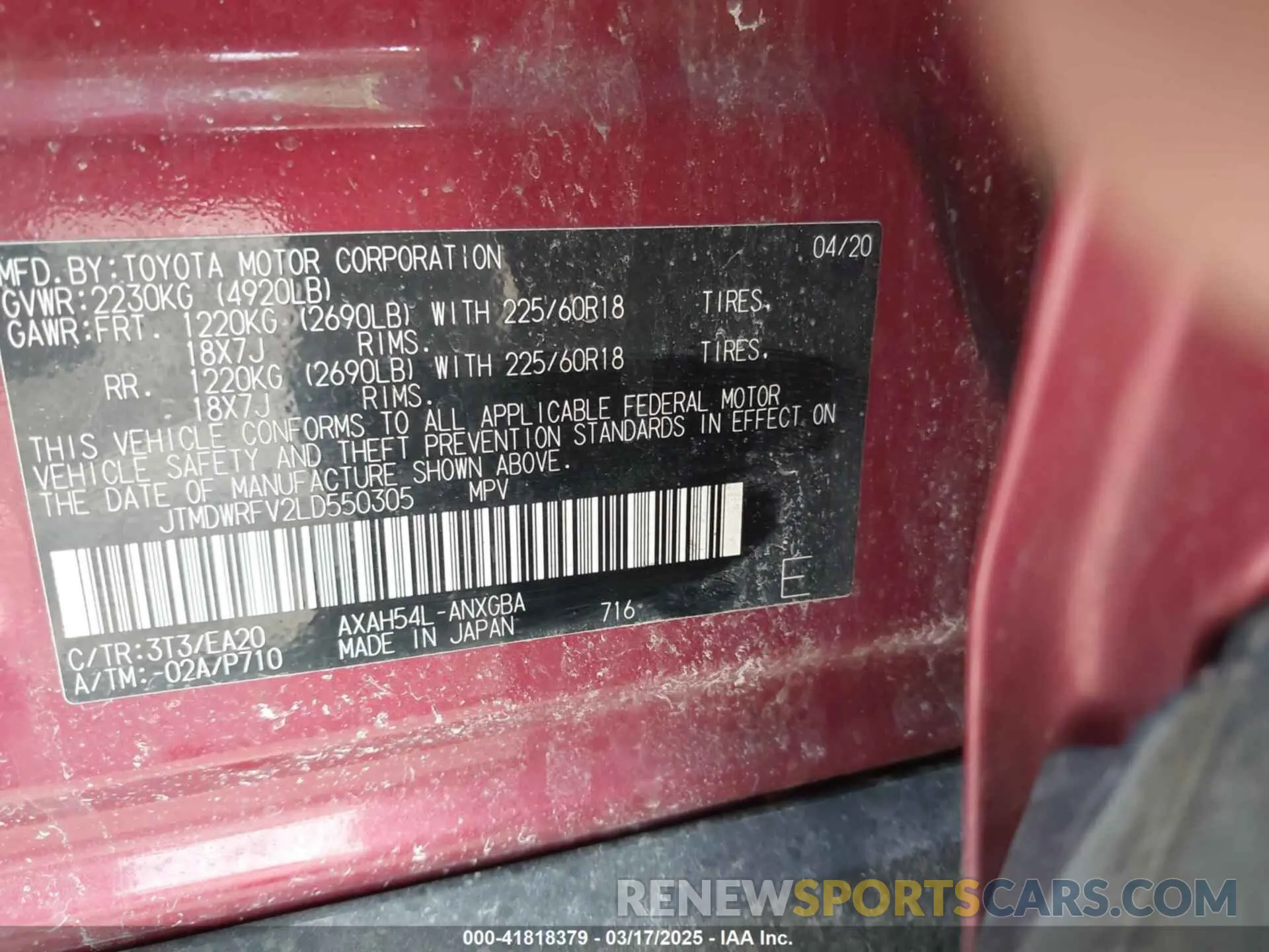9 Photograph of a damaged car JTMDWRFV2LD550305 TOYOTA RAV4 HYBRID 2020