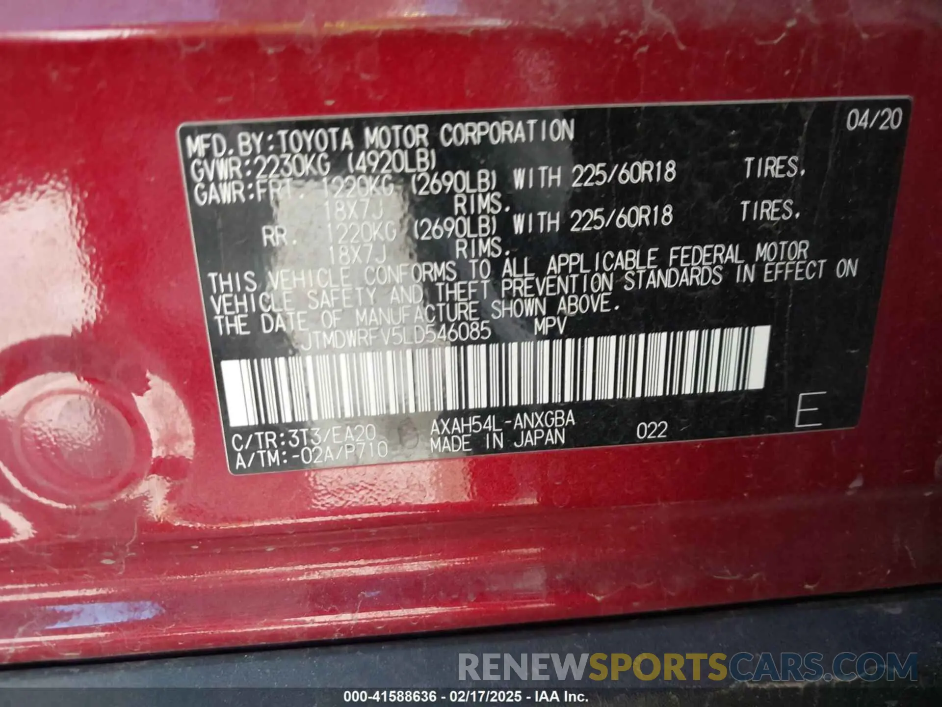 9 Photograph of a damaged car JTMDWRFV5LD546085 TOYOTA RAV4 HYBRID 2020