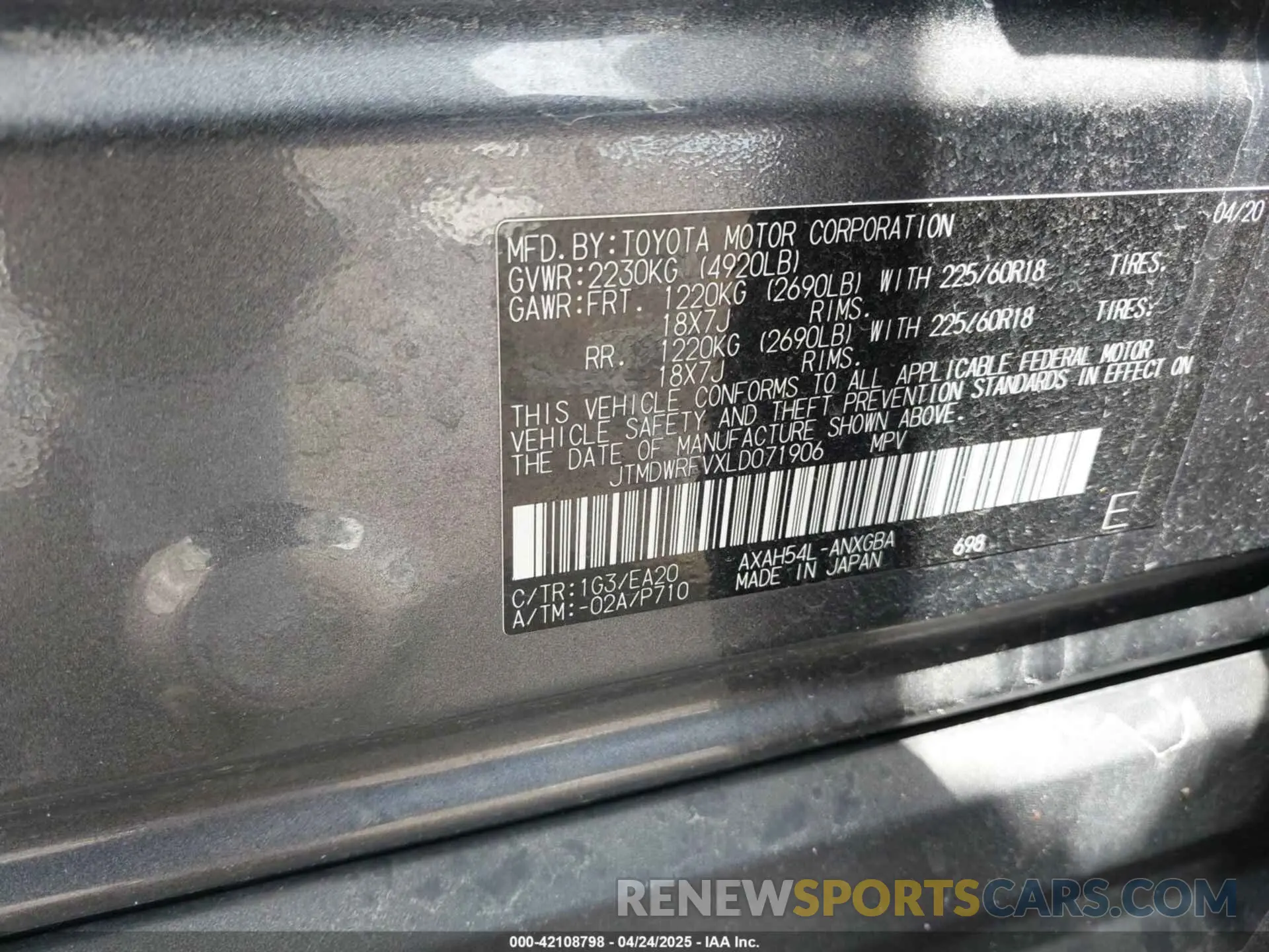9 Photograph of a damaged car JTMDWRFVXLD071906 TOYOTA RAV4 HYBRID 2020