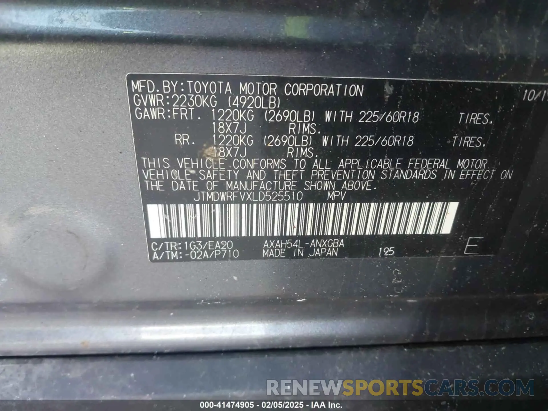 9 Photograph of a damaged car JTMDWRFVXLD525510 TOYOTA RAV4 HYBRID 2020