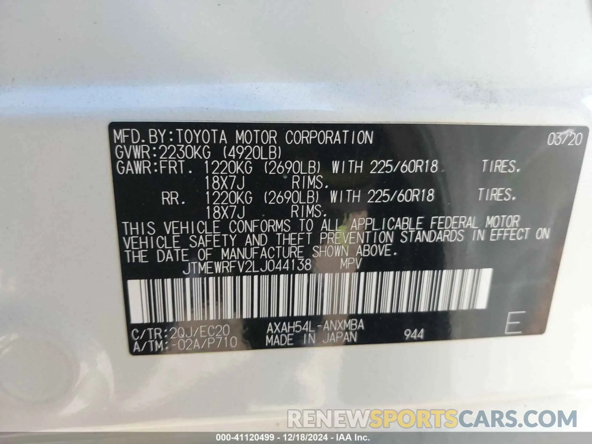 9 Photograph of a damaged car JTMEWRFV2LJ044138 TOYOTA RAV4 HYBRID 2020