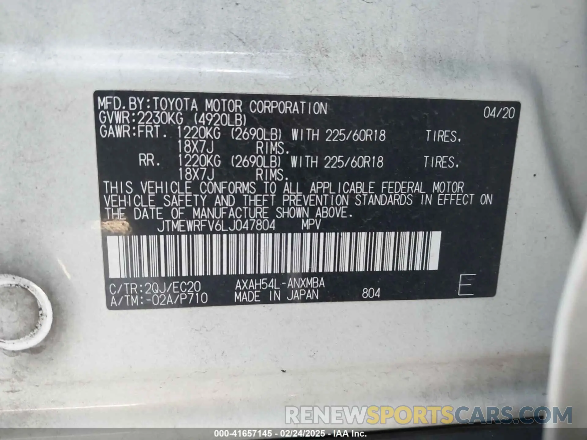 9 Photograph of a damaged car JTMEWRFV6LJ047804 TOYOTA RAV4 HYBRID 2020