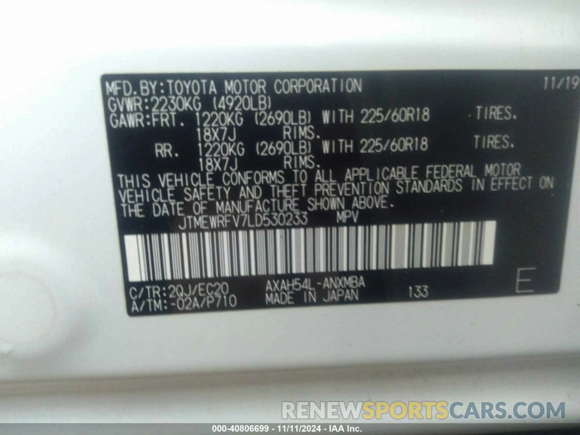 9 Photograph of a damaged car JTMEWRFV7LD530233 TOYOTA RAV4 HYBRID 2020