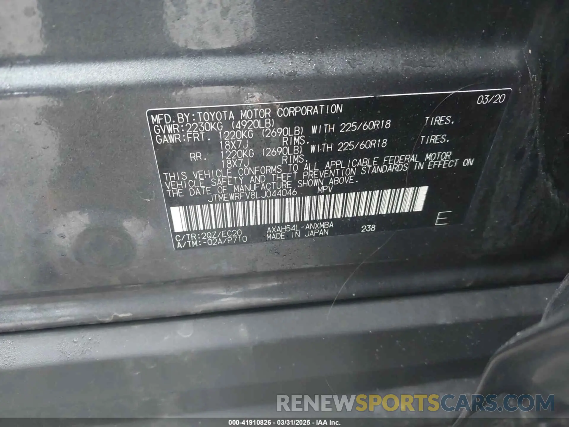 9 Photograph of a damaged car JTMEWRFV8LJ044046 TOYOTA RAV4 HYBRID 2020