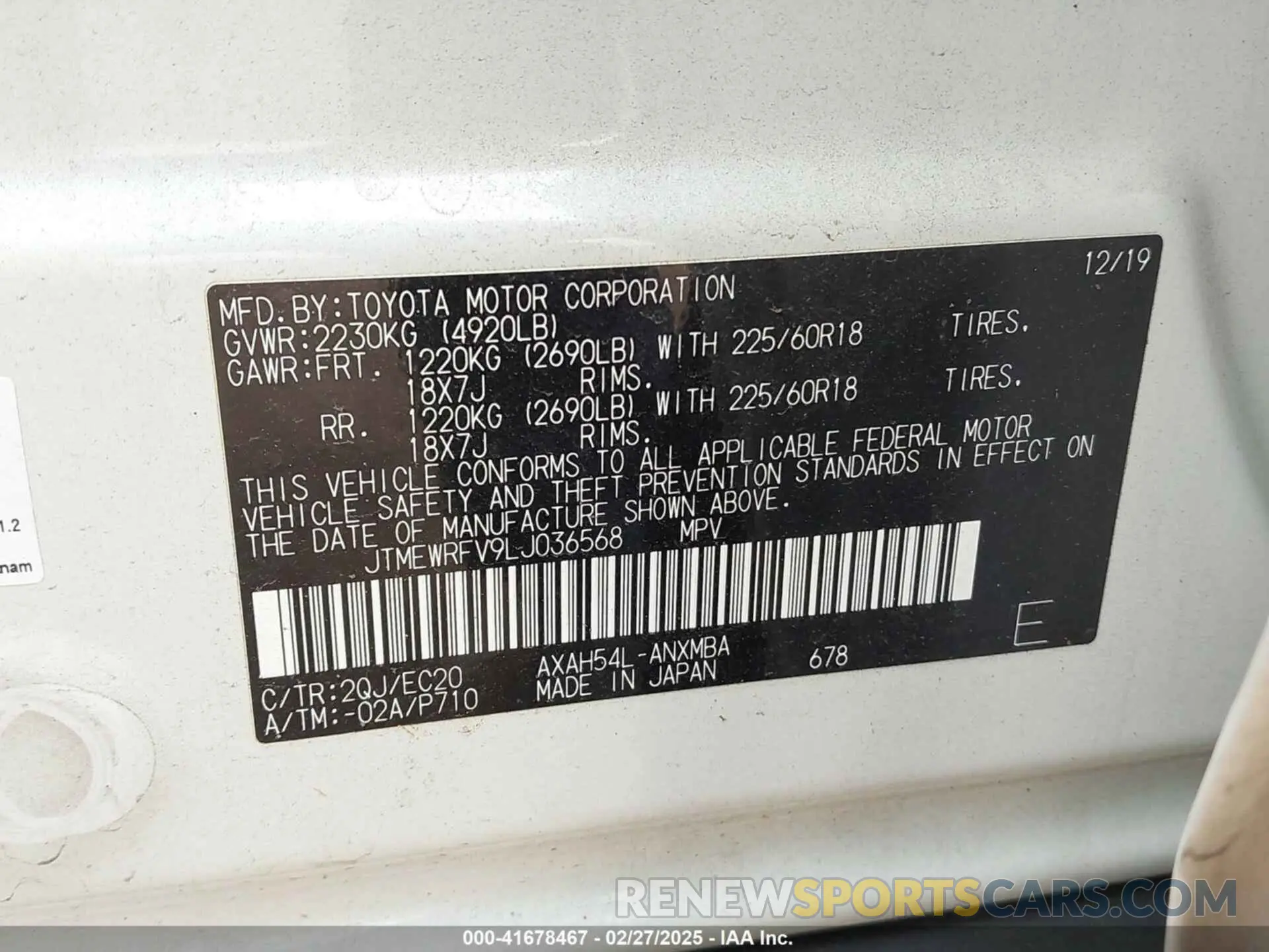 9 Photograph of a damaged car JTMEWRFV9LJ036568 TOYOTA RAV4 HYBRID 2020