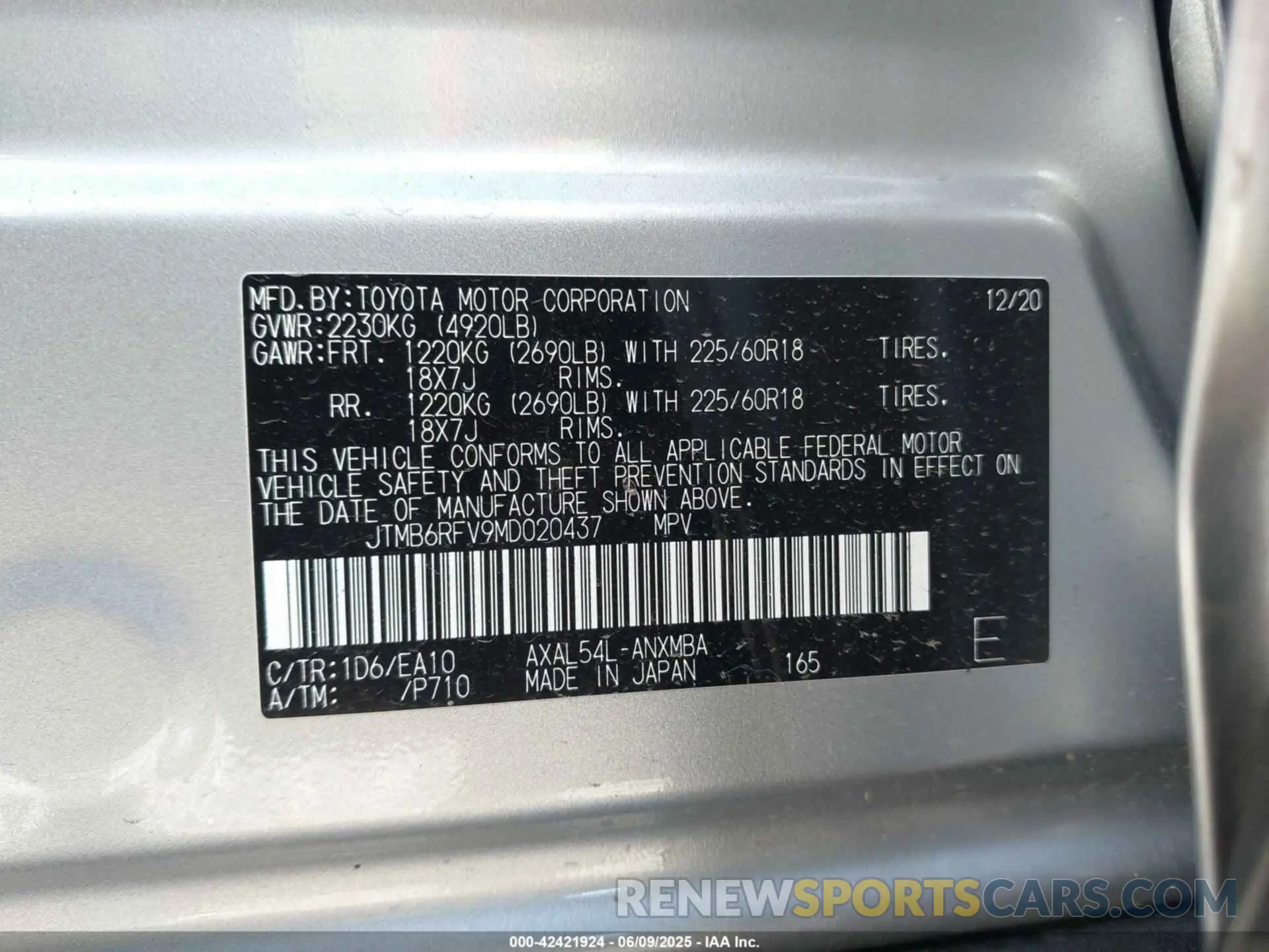 9 Photograph of a damaged car JTMB6RFV9MD020437 TOYOTA RAV4 HYBRID 2021