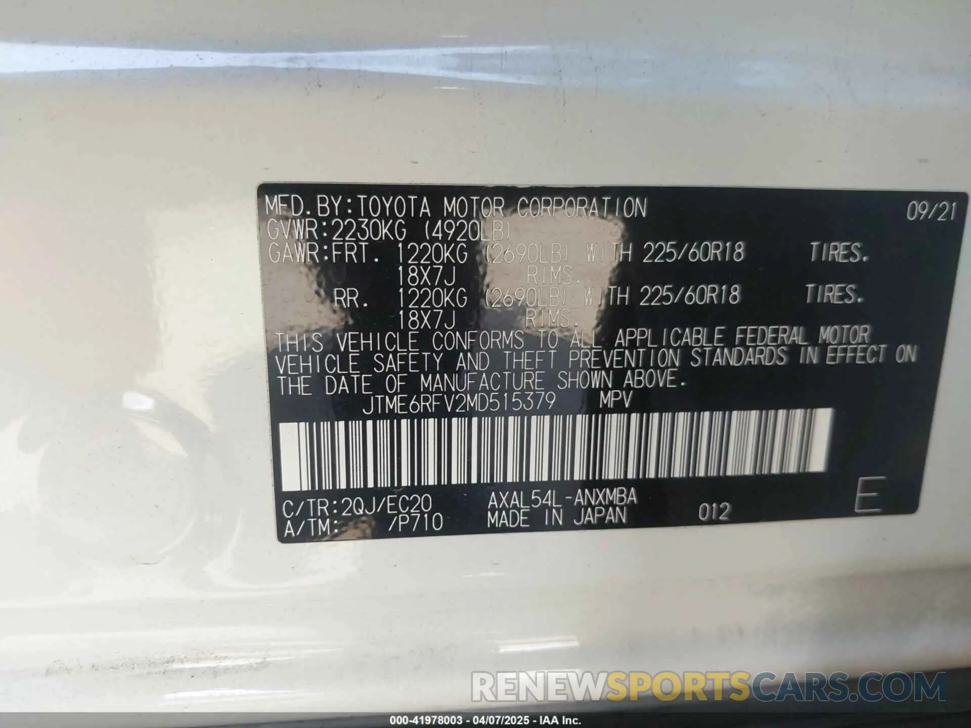 9 Photograph of a damaged car JTME6RFV2MD515379 TOYOTA RAV4 HYBRID 2021