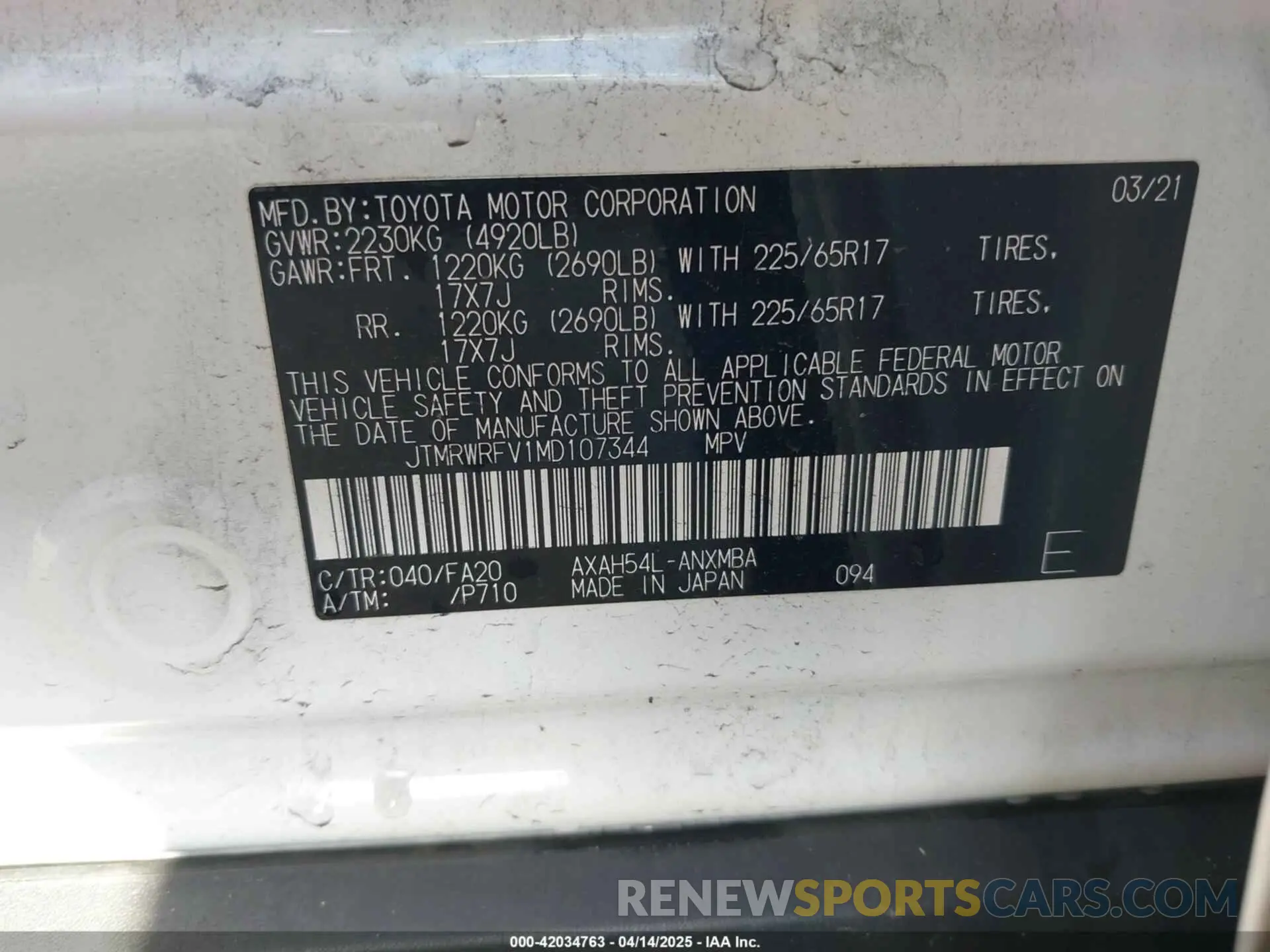 9 Photograph of a damaged car JTMRWRFV1MD107344 TOYOTA RAV4 HYBRID 2021
