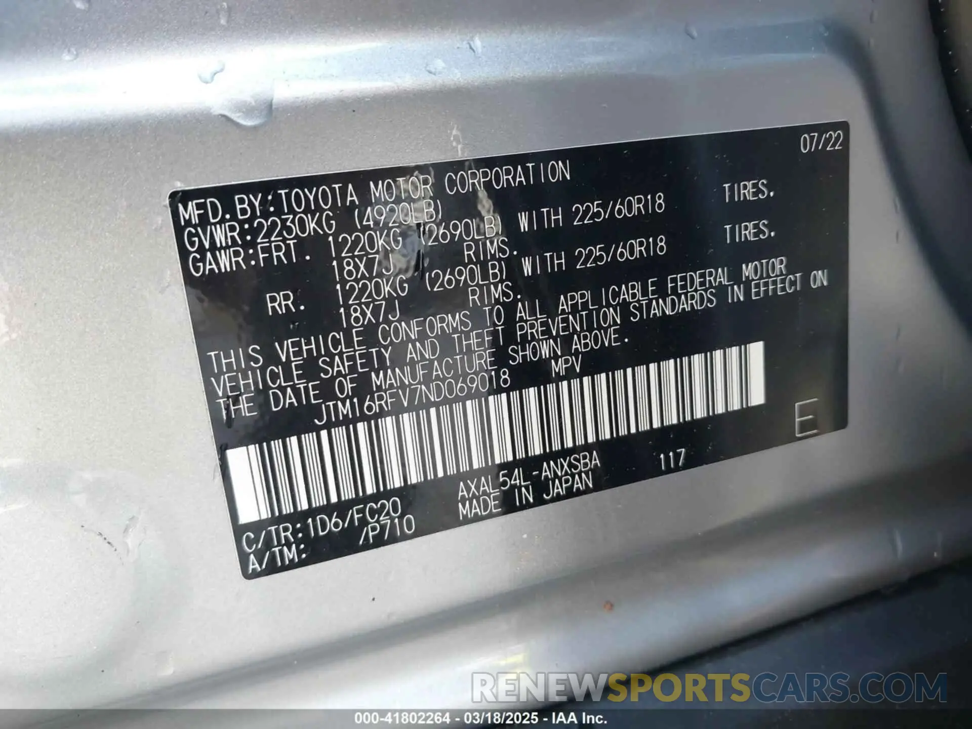 9 Photograph of a damaged car JTM16RFV7ND069018 TOYOTA RAV4 HYBRID 2022