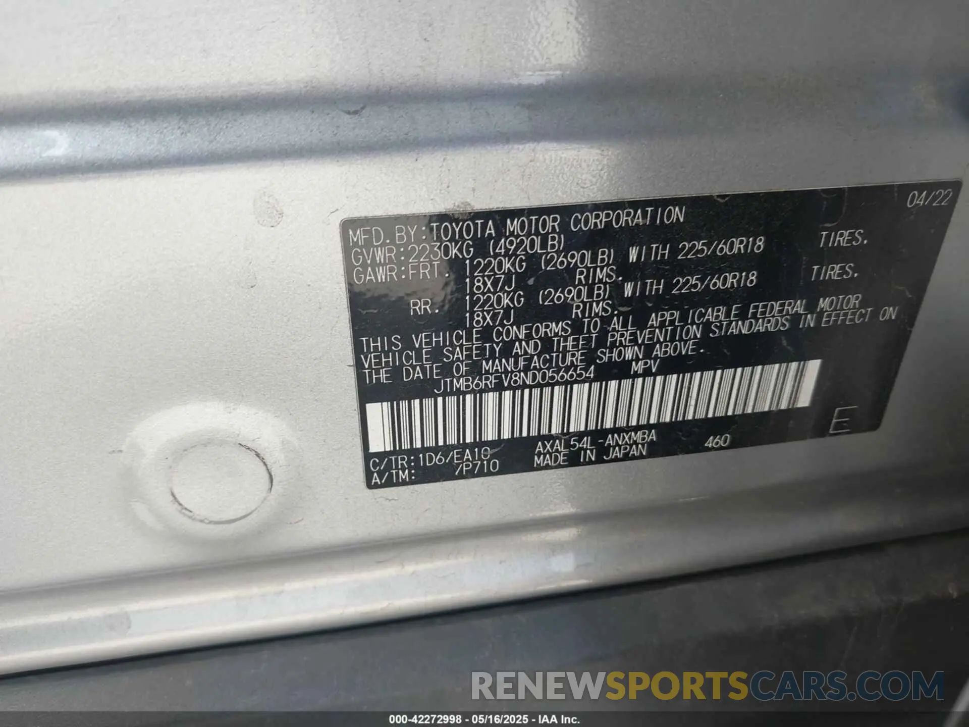 9 Photograph of a damaged car JTMB6RFV8ND056654 TOYOTA RAV4 HYBRID 2022