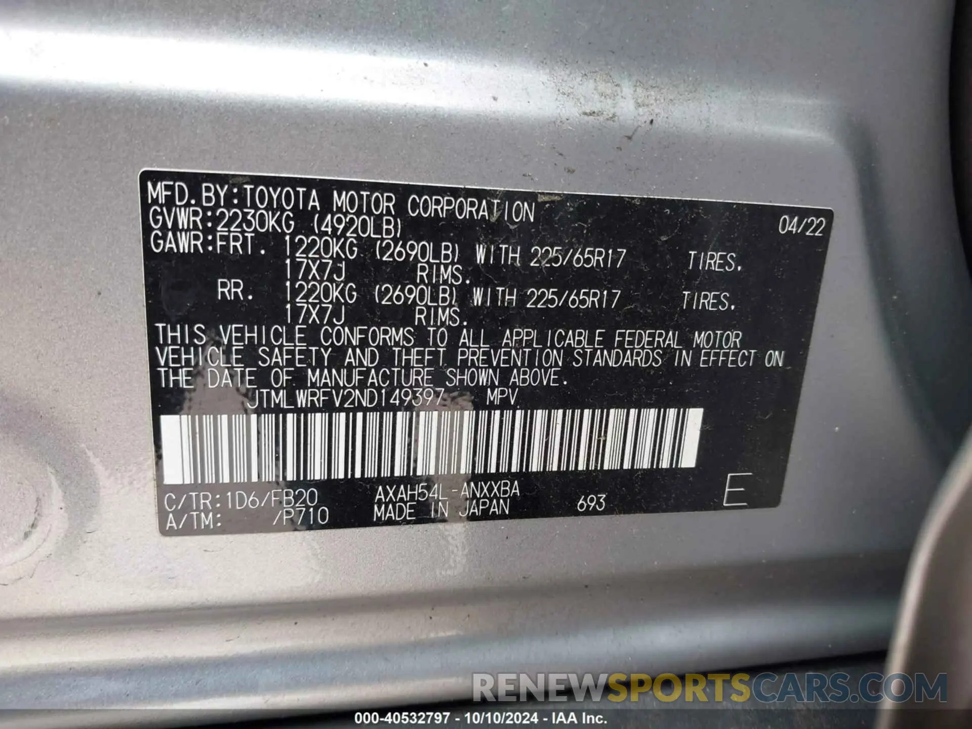 9 Photograph of a damaged car JTMLWRFV2ND149397 TOYOTA RAV4 HYBRID 2022