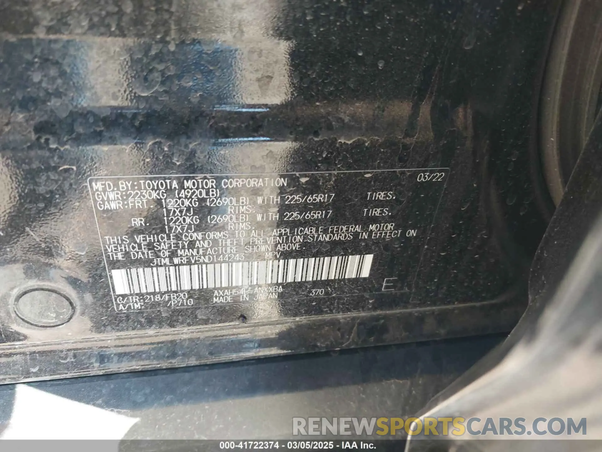 9 Photograph of a damaged car JTMLWRFV5ND144243 TOYOTA RAV4 HYBRID 2022