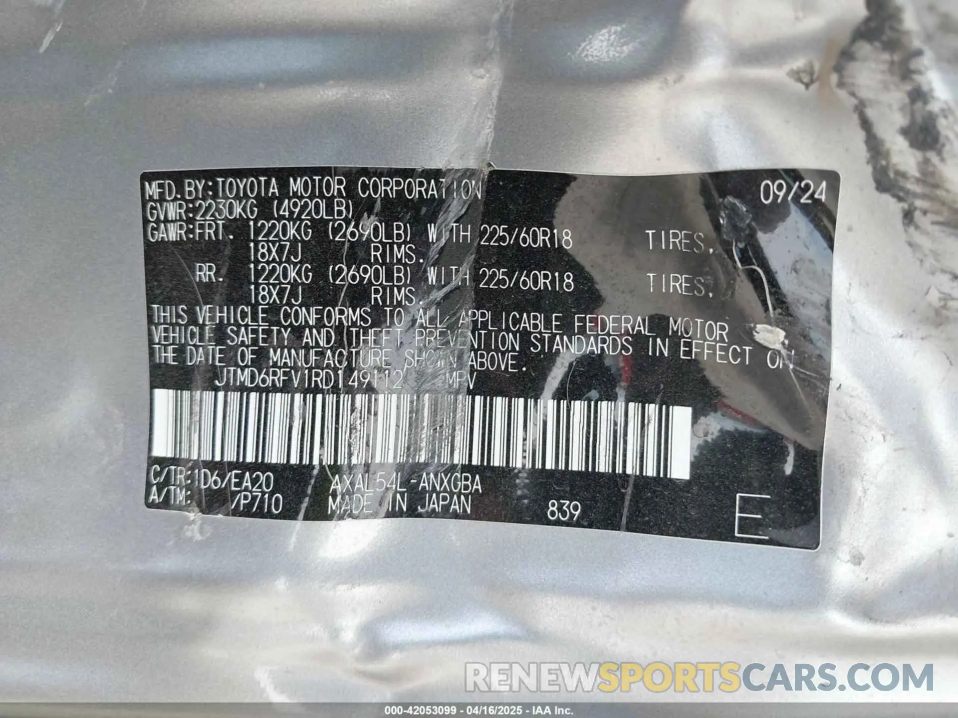 9 Photograph of a damaged car JTMD6RFV1RD149112 TOYOTA RAV4 HYBRID 2024