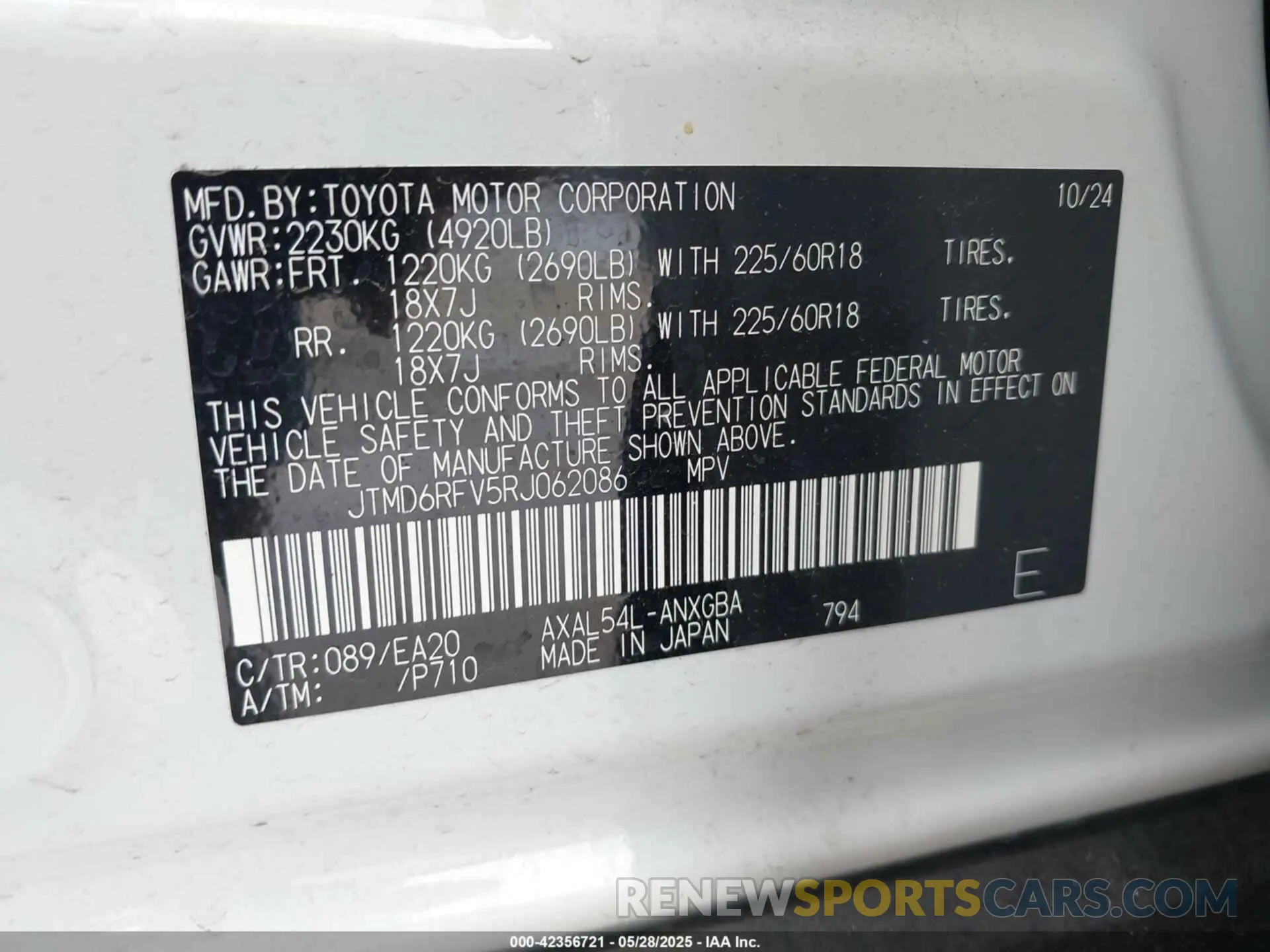 9 Photograph of a damaged car JTMD6RFV5RJ062086 TOYOTA RAV4 HYBRID 2024