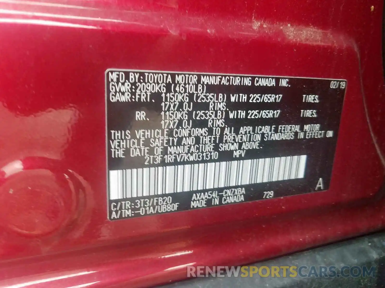 10 Photograph of a damaged car 2T3F1RFV7KW031310 TOYOTA RAV4 LE 2019