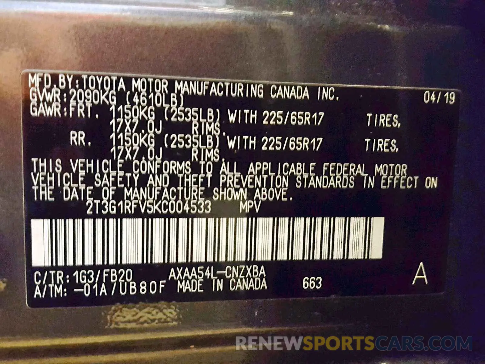 10 Photograph of a damaged car 2T3G1RFV5KC004533 TOYOTA RAV4 LE 2019