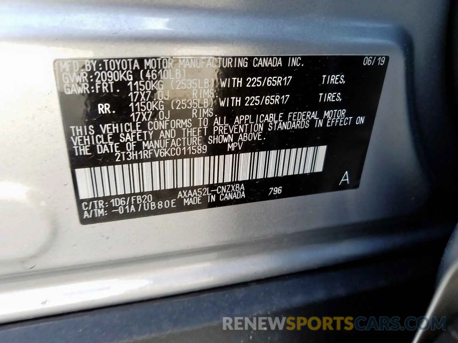 10 Photograph of a damaged car 2T3H1RFV6KC011589 TOYOTA RAV4 LE 2019