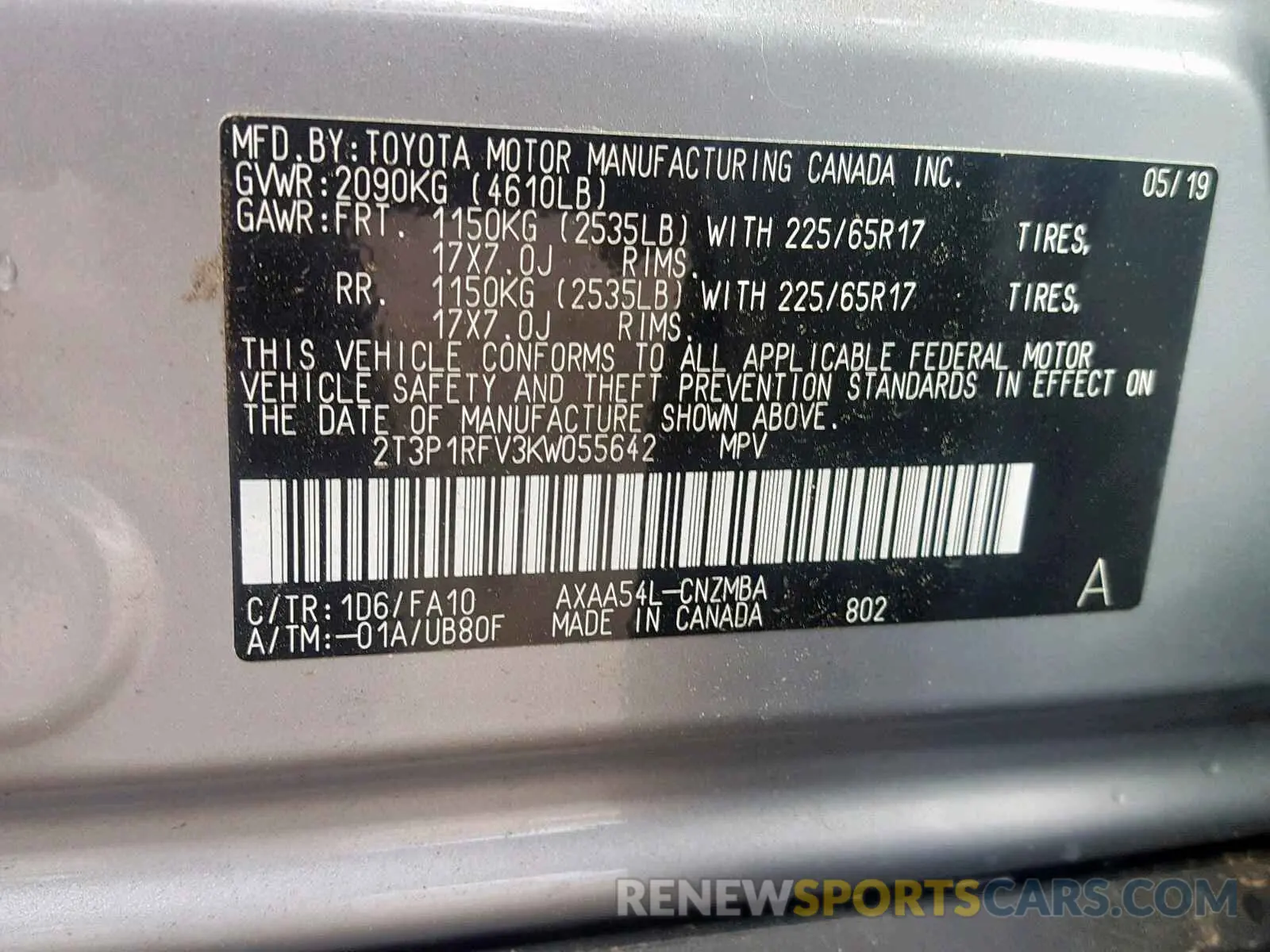 10 Photograph of a damaged car 2T3P1RFV3KW055642 TOYOTA RAV4 XLE 2019