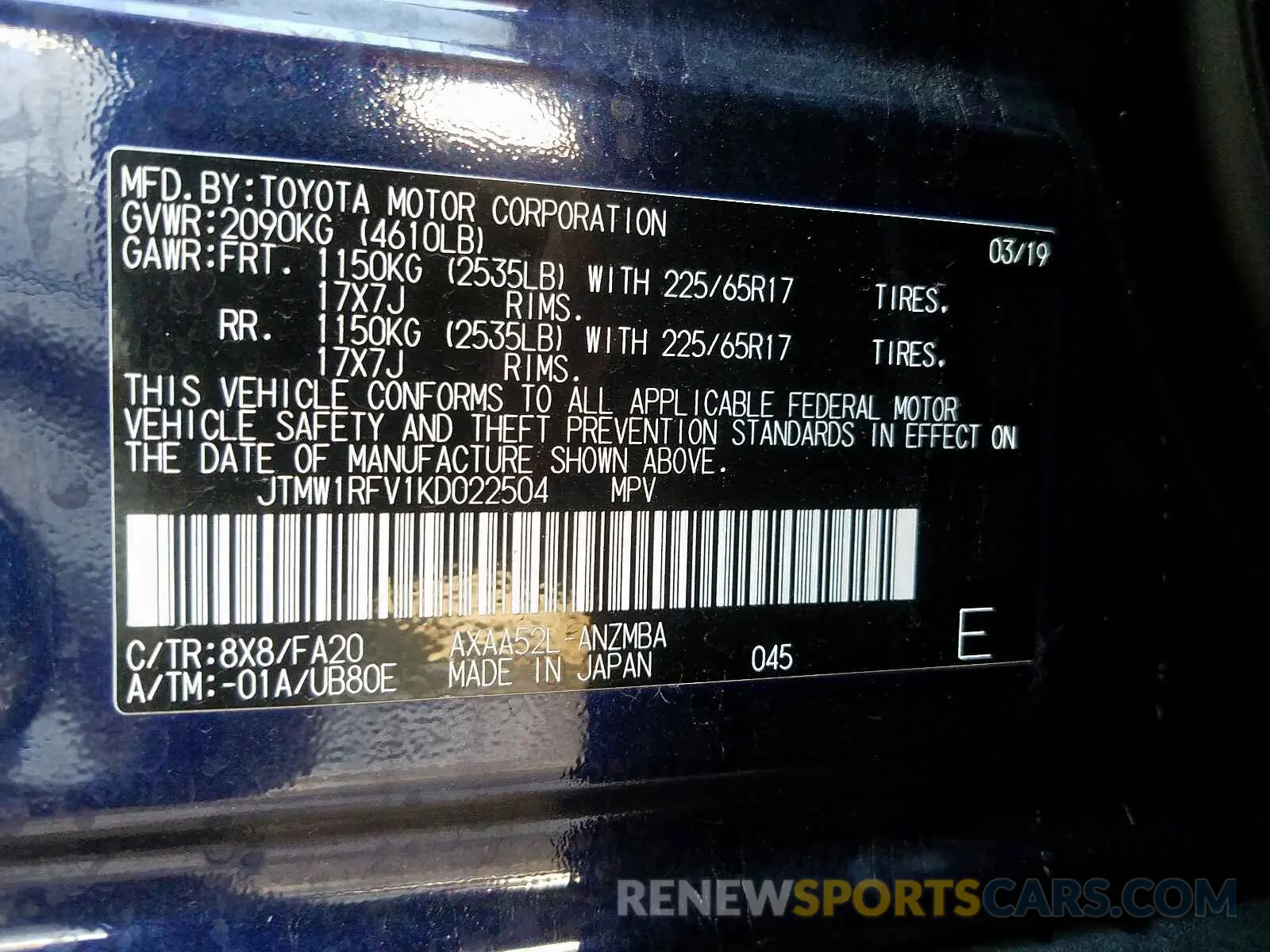 10 Photograph of a damaged car JTMW1RFV1KD022504 TOYOTA RAV4 XLE 2019