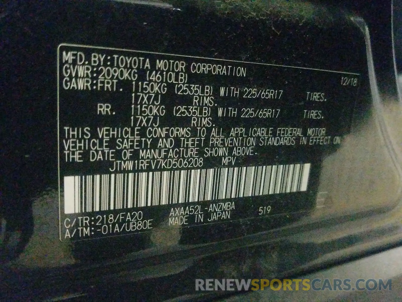 10 Photograph of a damaged car JTMW1RFV7KD506208 TOYOTA RAV4 XLE 2019