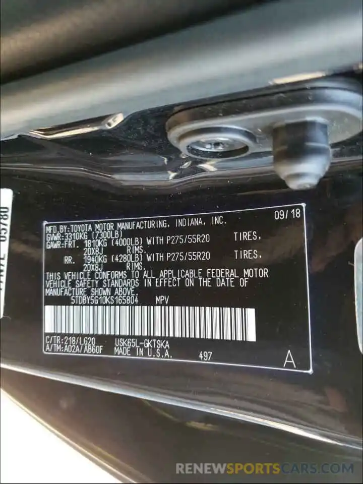 10 Photograph of a damaged car 5TDBY5G10KS165804 TOYOTA SEQUOIA 2019