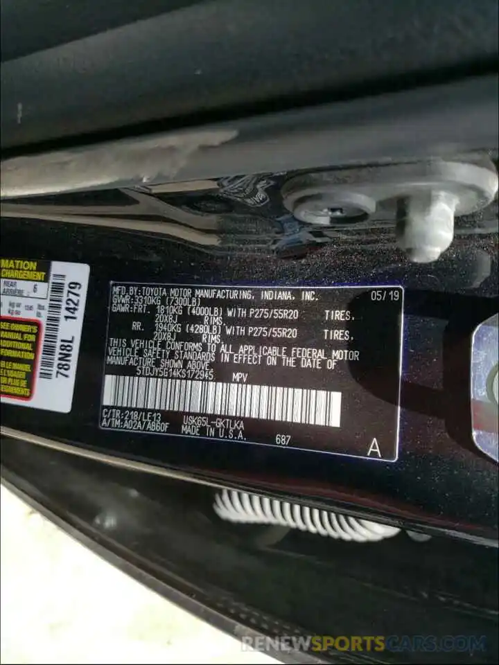 10 Photograph of a damaged car 5TDJY5G14KS172945 TOYOTA SEQUOIA 2019