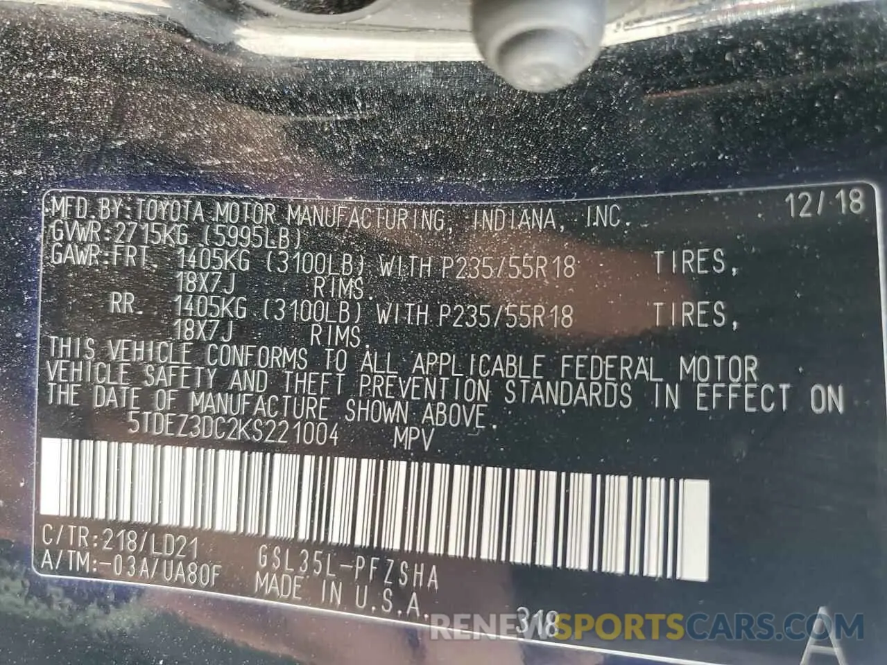 13 Photograph of a damaged car 5TDEZ3DC2KS221004 TOYOTA SIENNA 2019