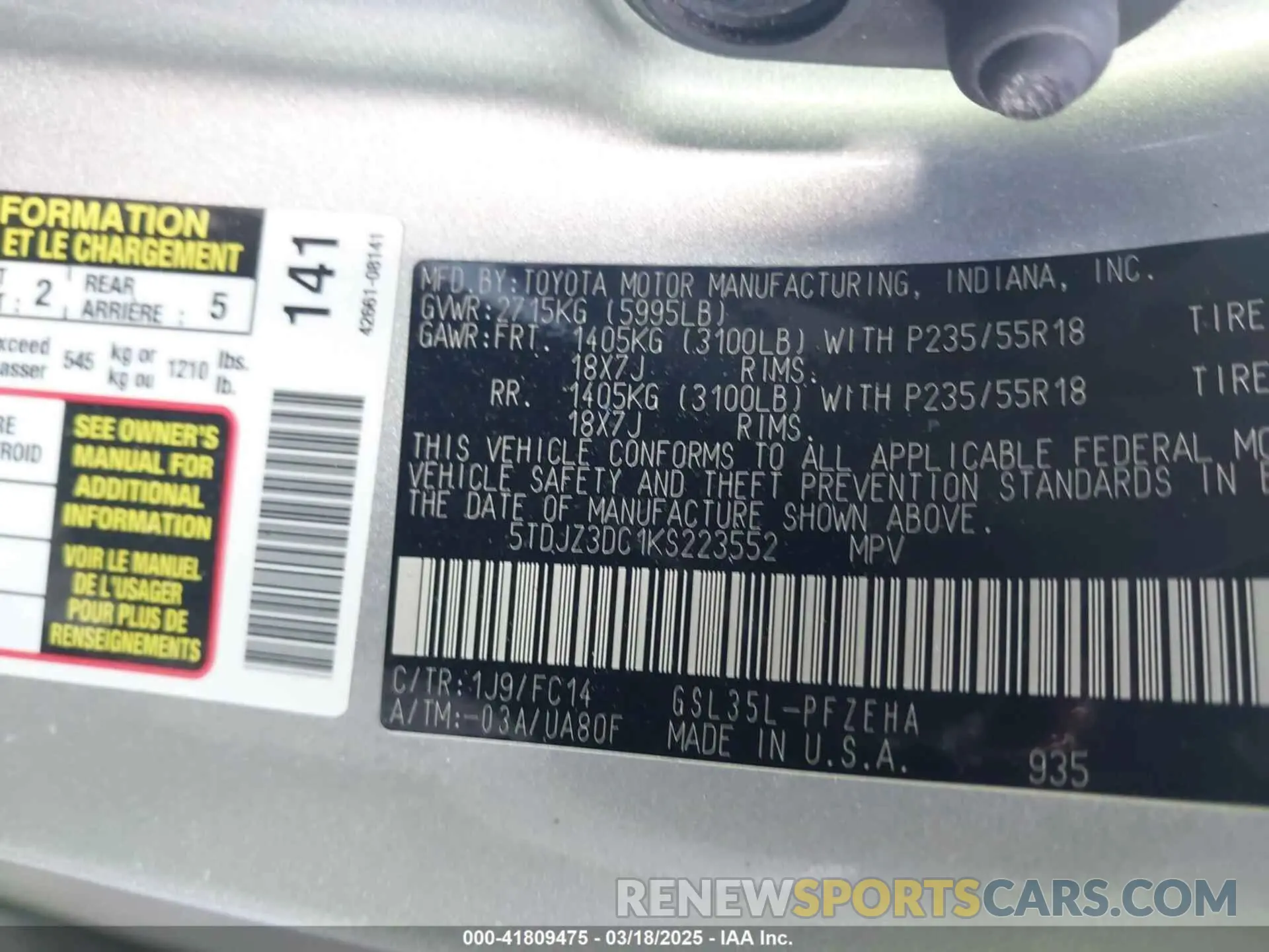 9 Photograph of a damaged car 5TDJZ3DC1KS223552 TOYOTA SIENNA 2019