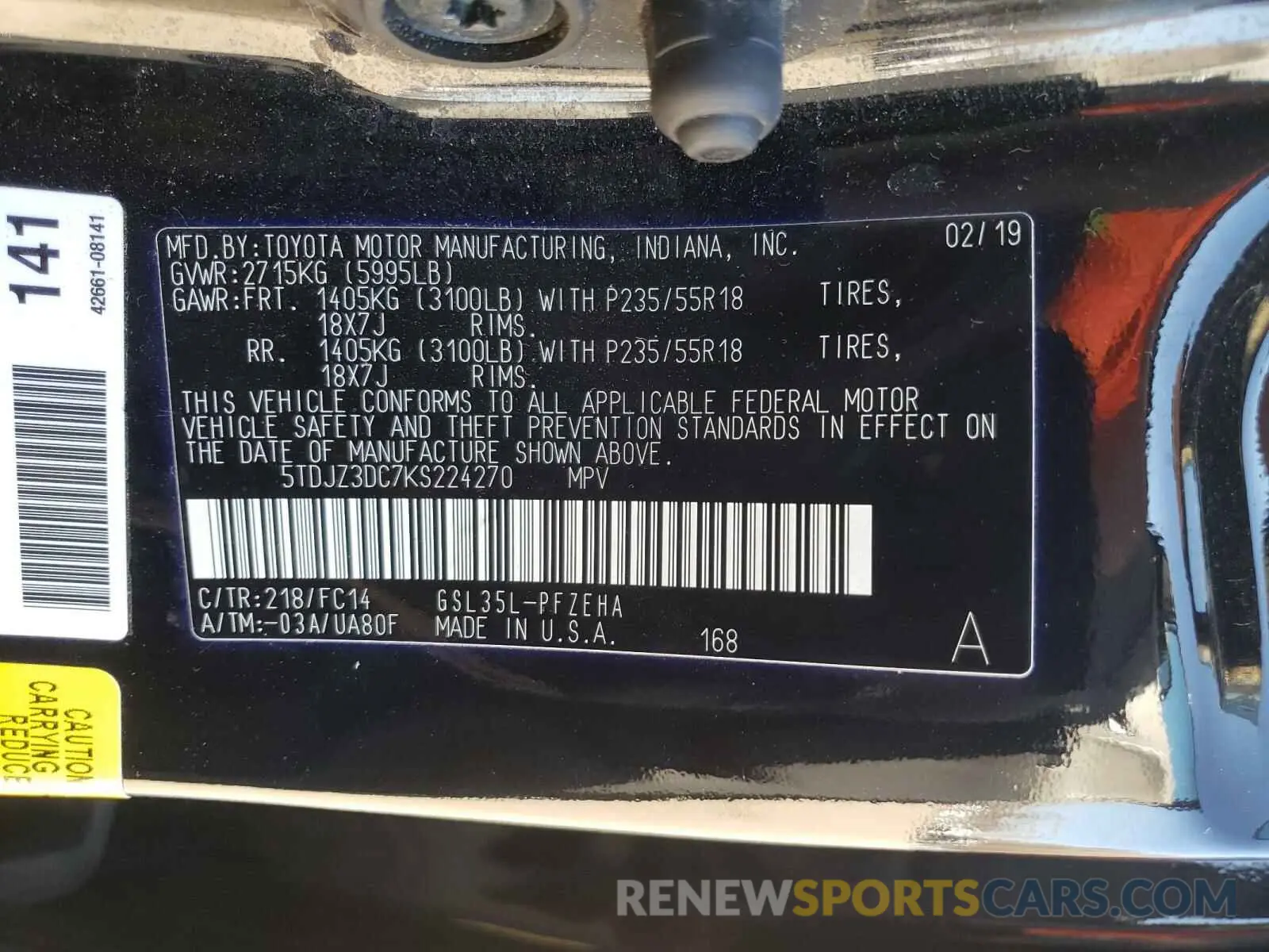 10 Photograph of a damaged car 5TDJZ3DC7KS224270 TOYOTA SIENNA 2019