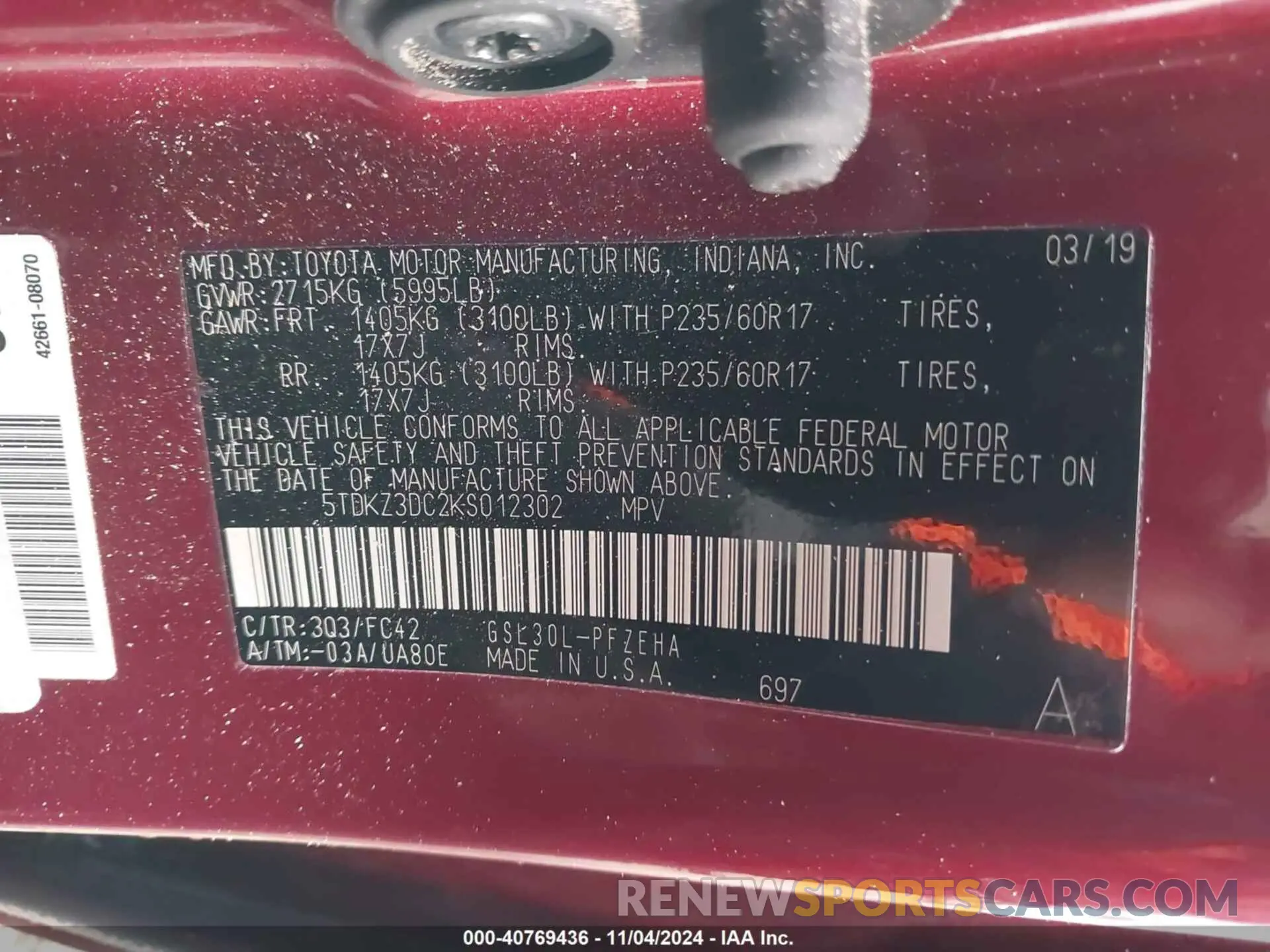 9 Photograph of a damaged car 5TDKZ3DC2KS012302 TOYOTA SIENNA 2019