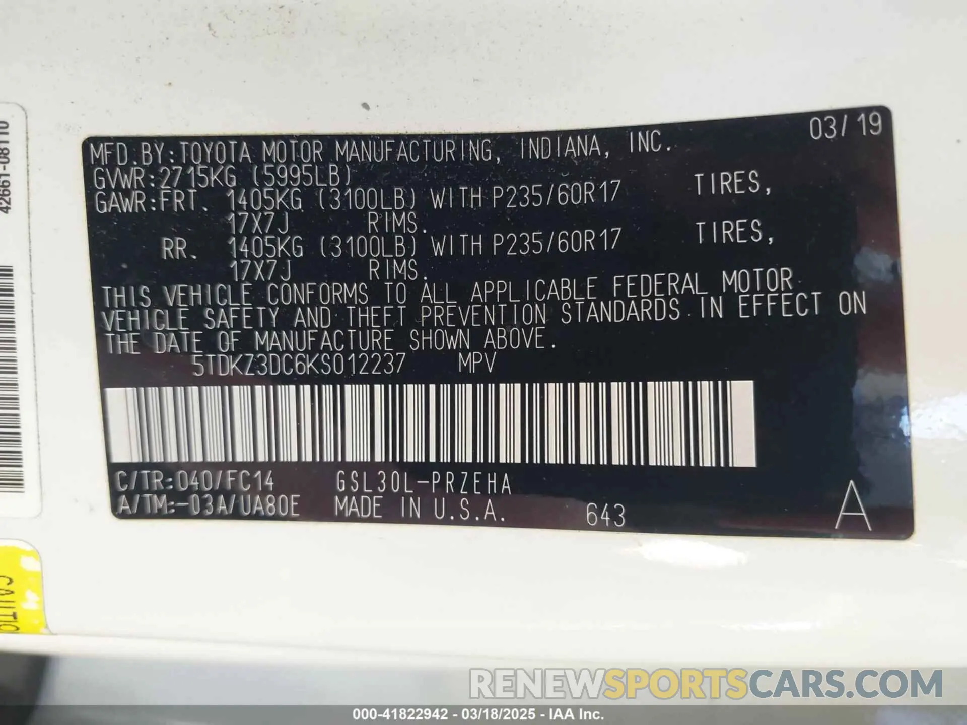 9 Photograph of a damaged car 5TDKZ3DC6KS012237 TOYOTA SIENNA 2019