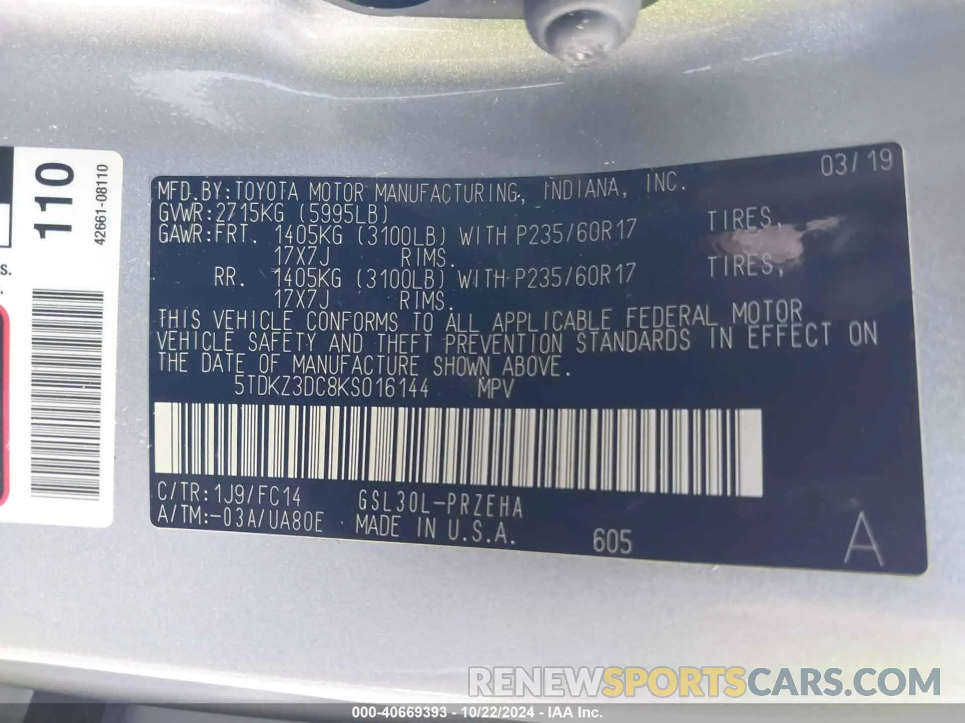 9 Photograph of a damaged car 5TDKZ3DC8KS016144 TOYOTA SIENNA 2019