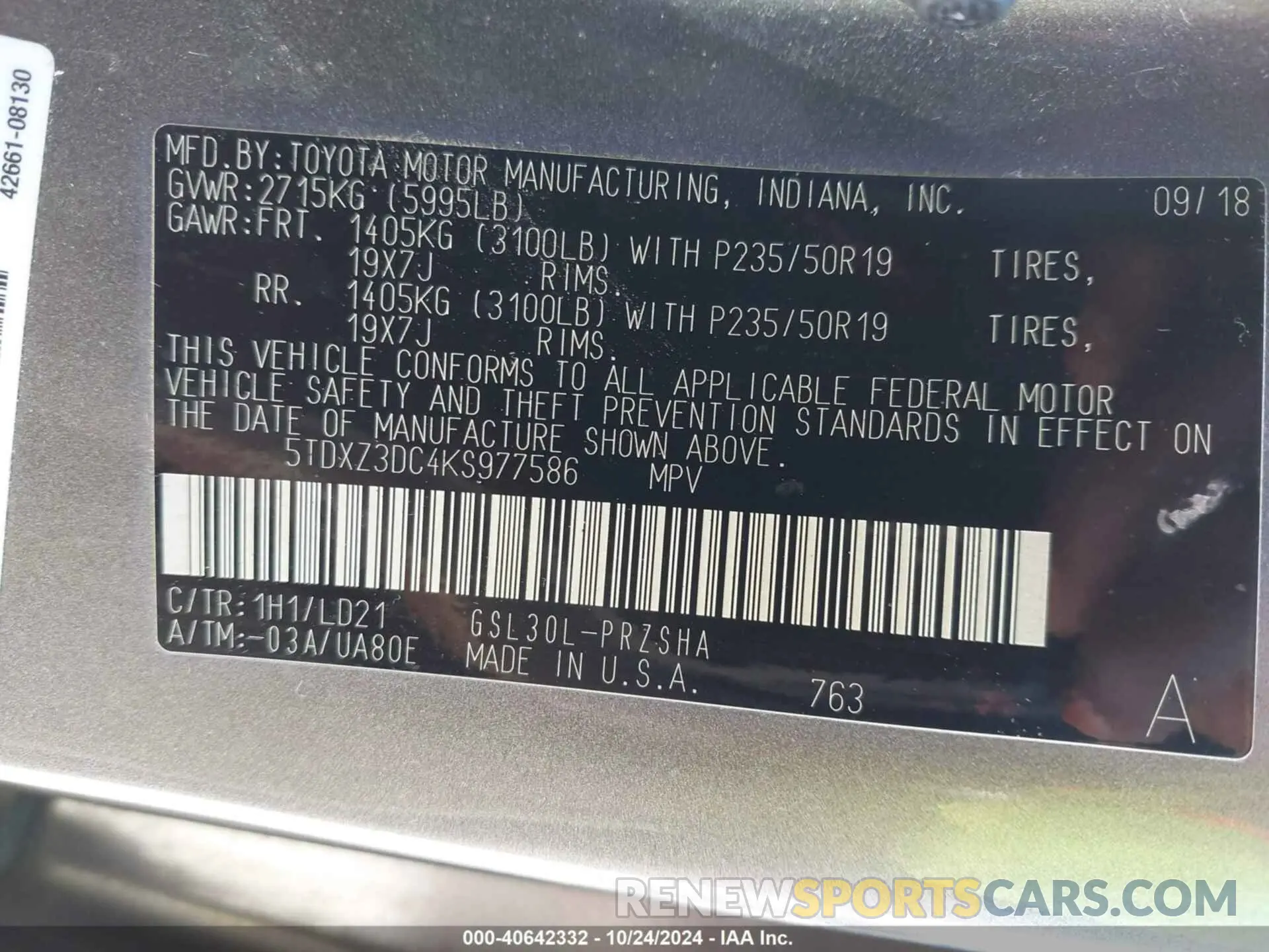 9 Photograph of a damaged car 5TDXZ3DC4KS977586 TOYOTA SIENNA 2019