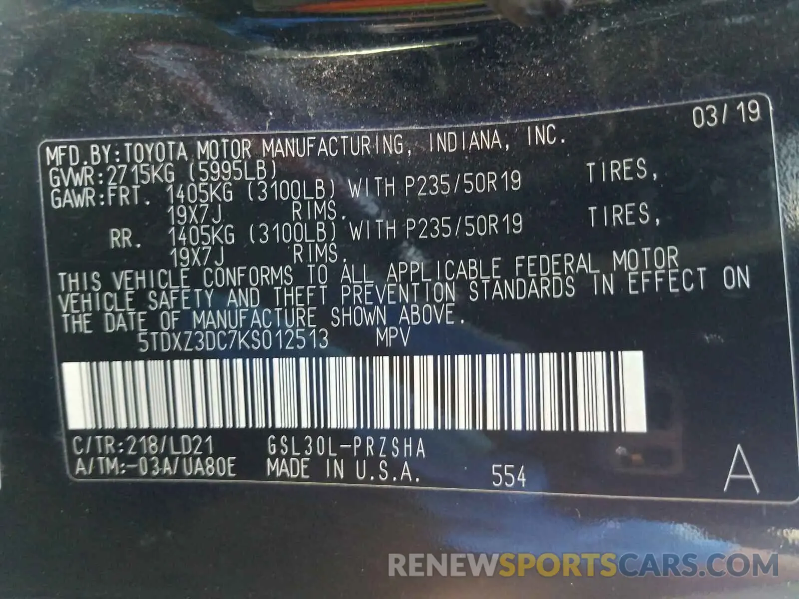 10 Photograph of a damaged car 5TDXZ3DC7KS012513 TOYOTA SIENNA 2019