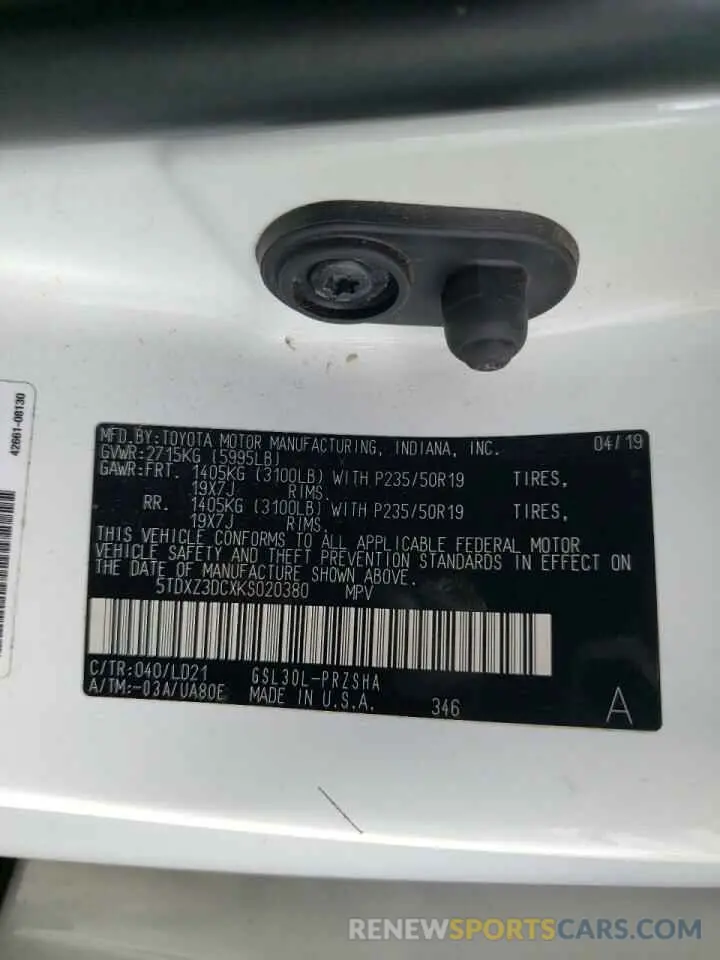 13 Photograph of a damaged car 5TDXZ3DCXKS020380 TOYOTA SIENNA 2019