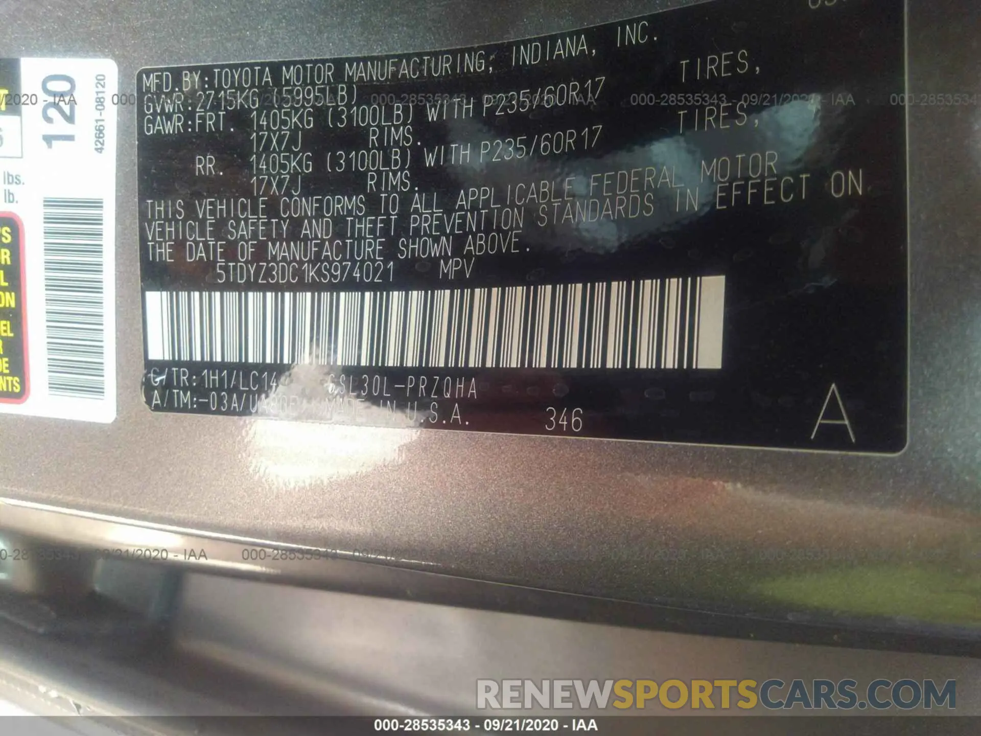 9 Photograph of a damaged car 5TDYZ3DC1KS974021 TOYOTA SIENNA 2019