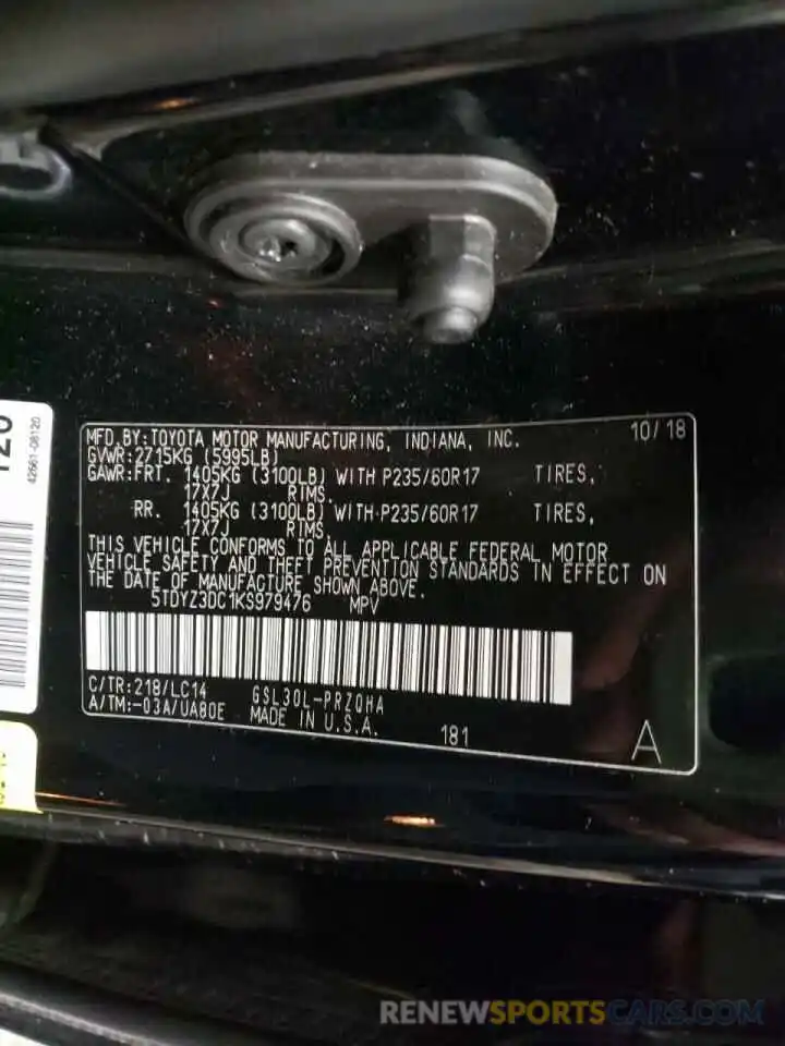 10 Photograph of a damaged car 5TDYZ3DC1KS979476 TOYOTA SIENNA 2019