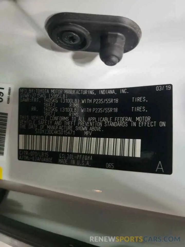10 Photograph of a damaged car 5TDYZ3DC4KS015471 TOYOTA SIENNA 2019